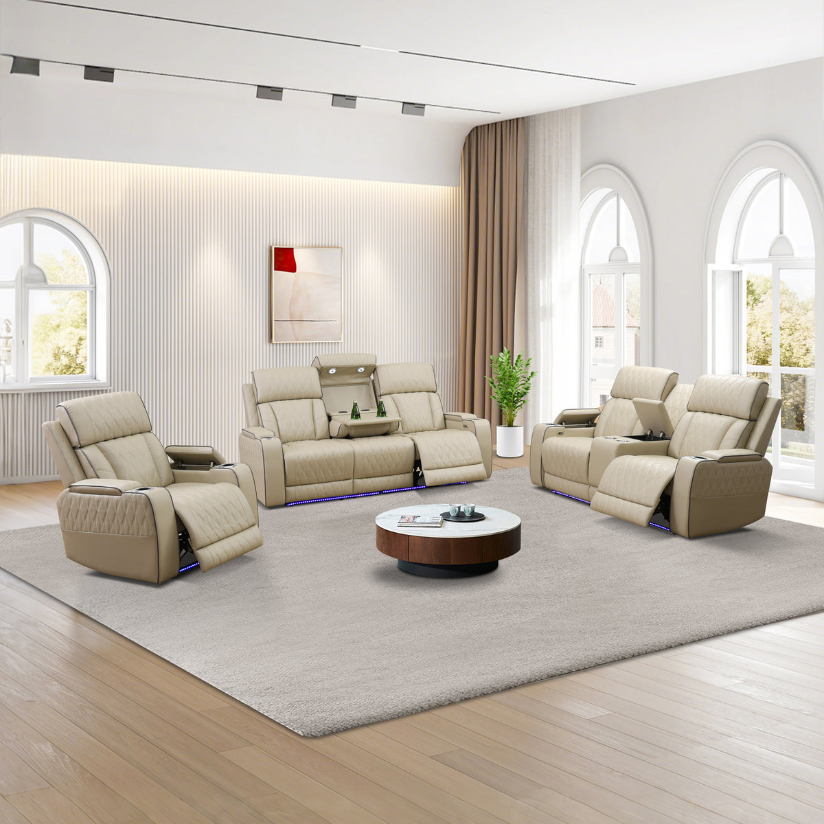 Beige Breathing Leather 3-Piece Power Reclining Sofa Set - GN4638