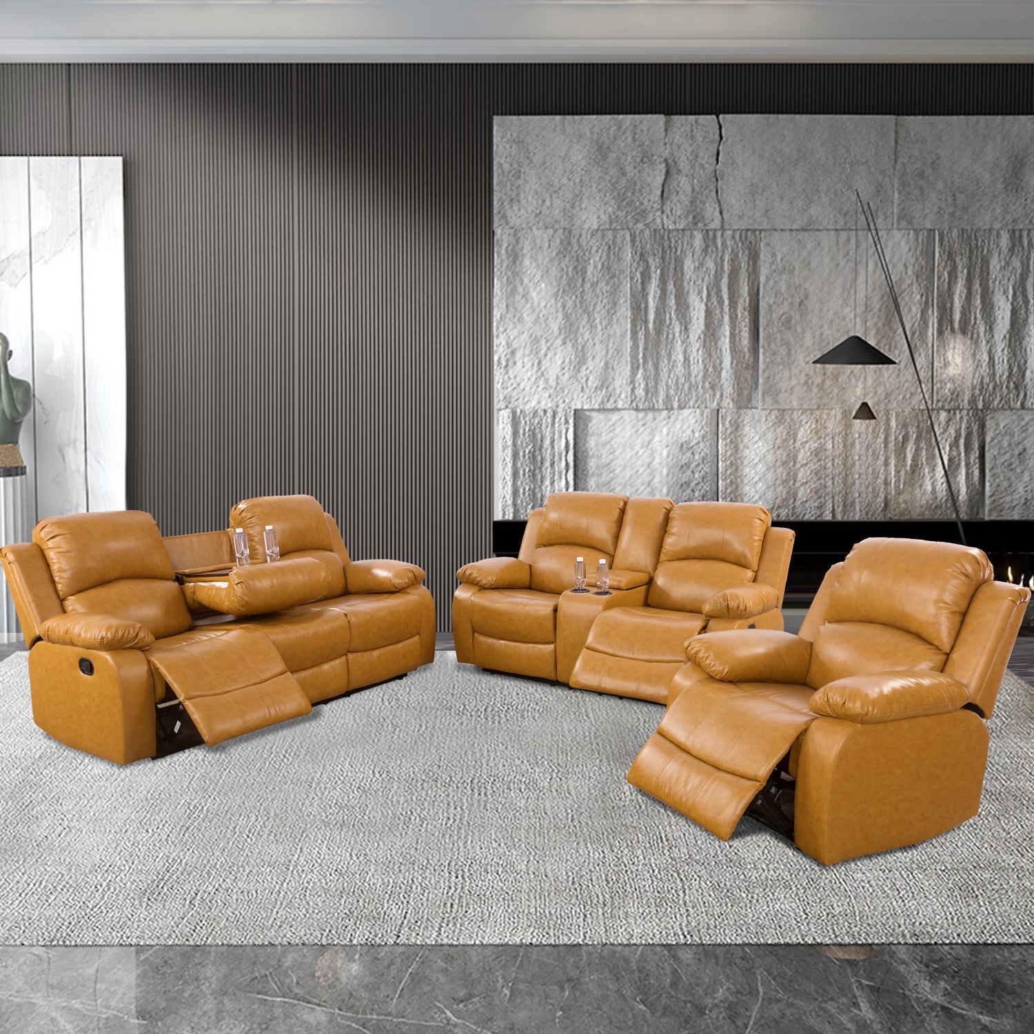 Conjunto de sofá de 3 piezas de cuero reciclado Ginger de Ainehome para sala de estar