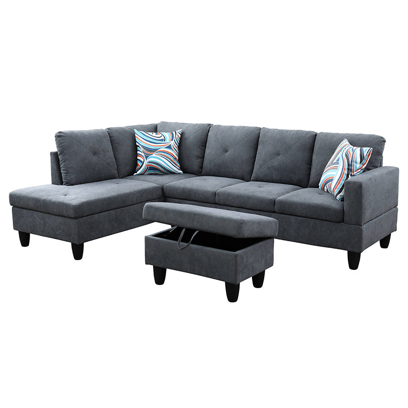 Ainehome Dark Grey Flannelette L-Shaped Living Room Sectional Sofa Set