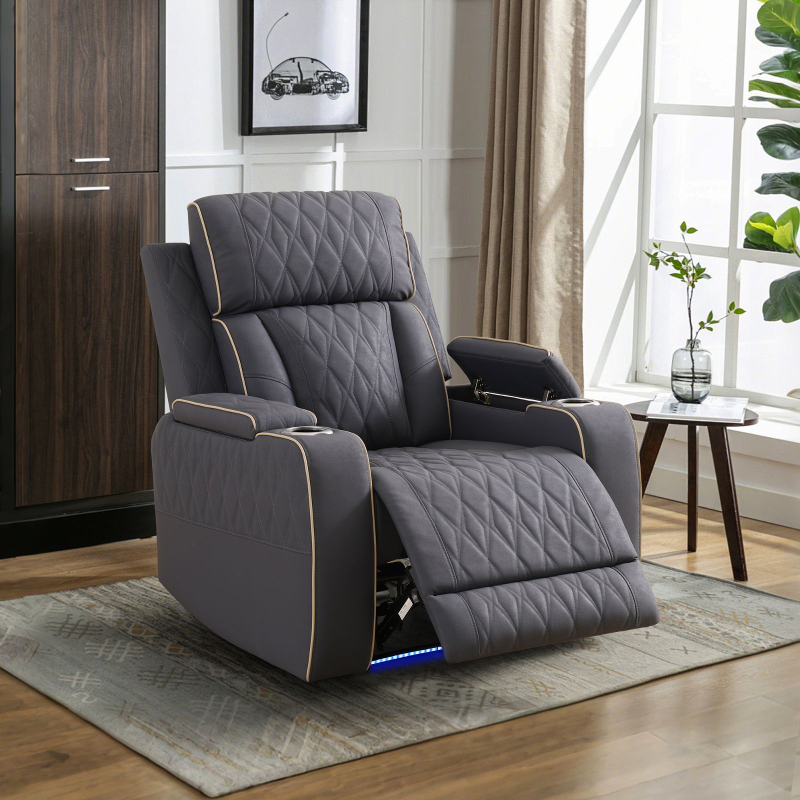 Blueish Grey Sanded Leather Living Room Intelligent Recliner 2-Piece Sofa Set