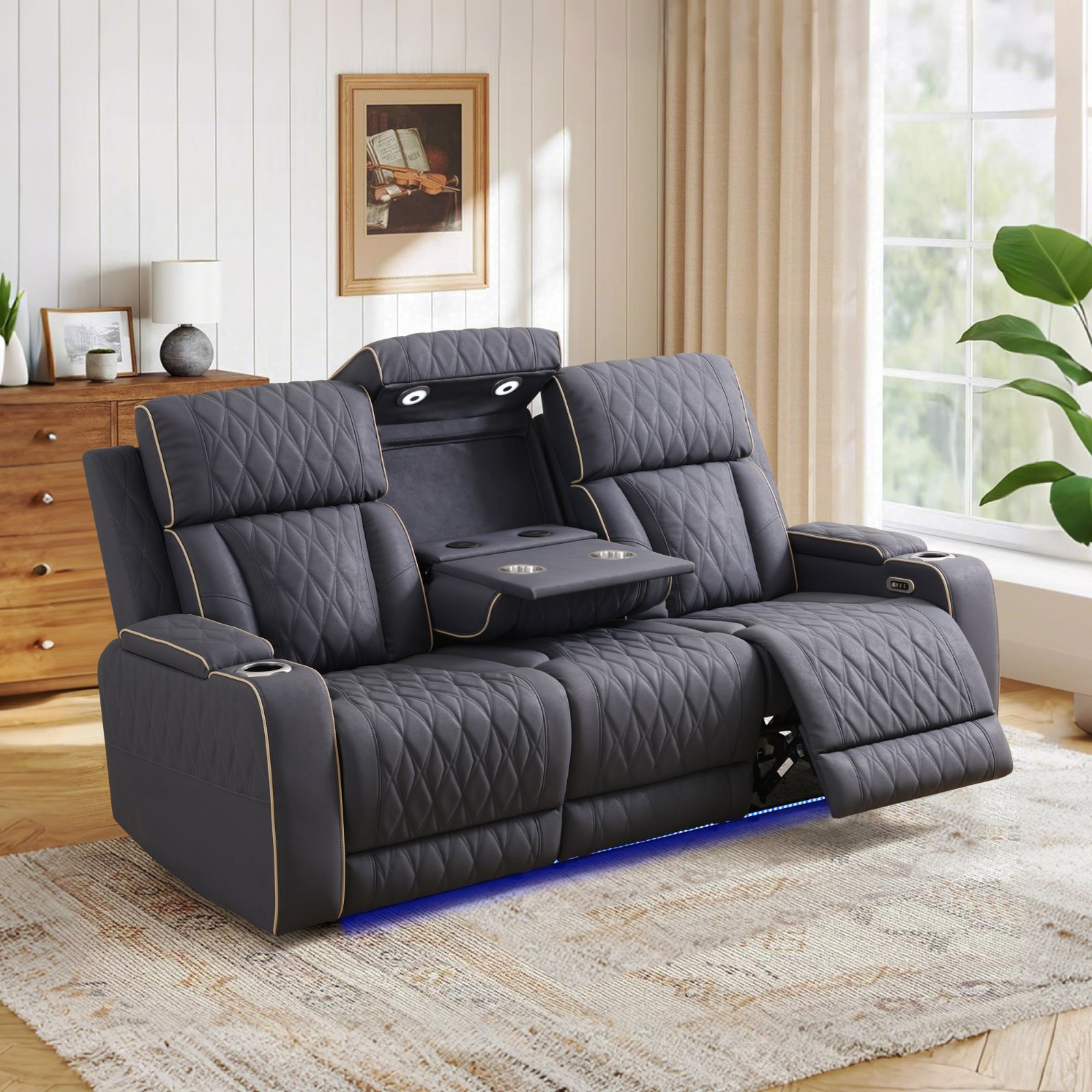 Blueish Grey Sanded Leather Living Room Intelligent Recliner 2-Piece Sofa Set