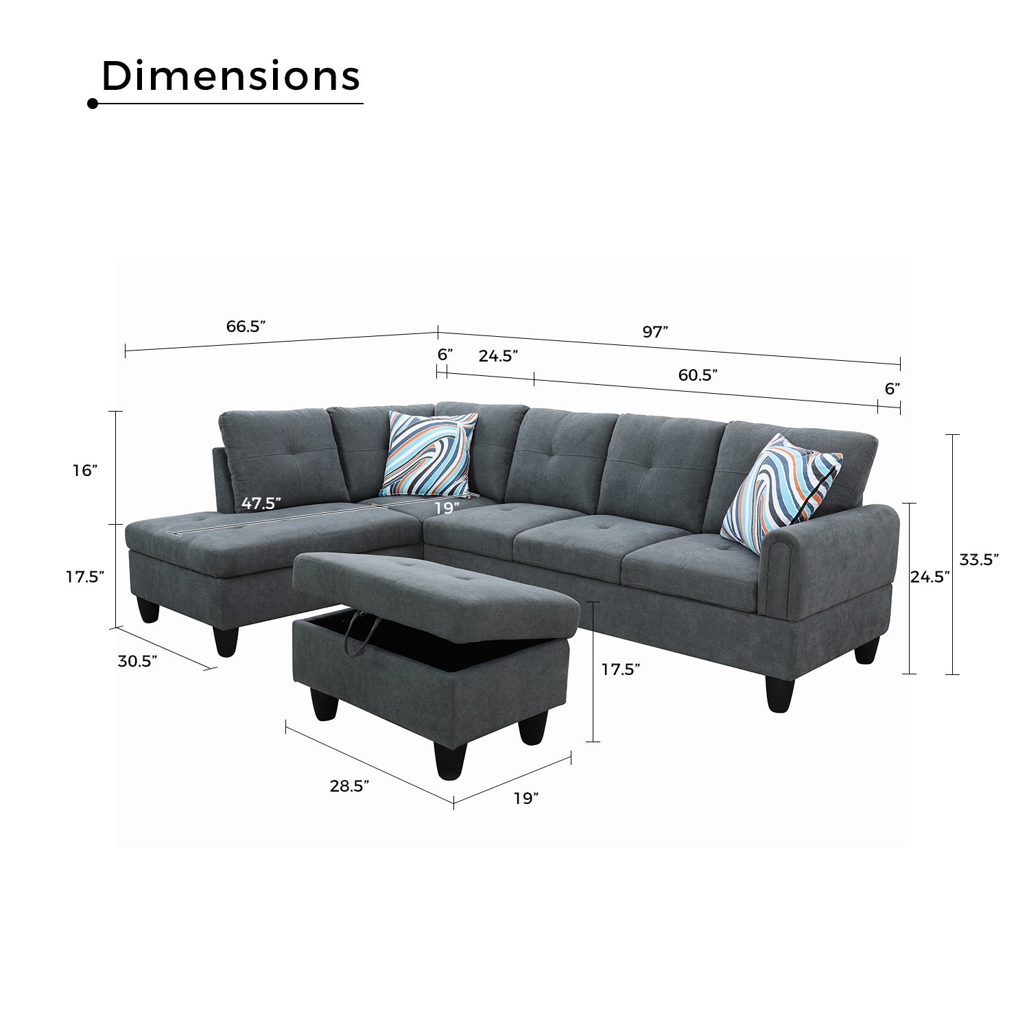 Ainehome Dark Grey Flannel L-Shaped Living Room Sectional Sofa Set