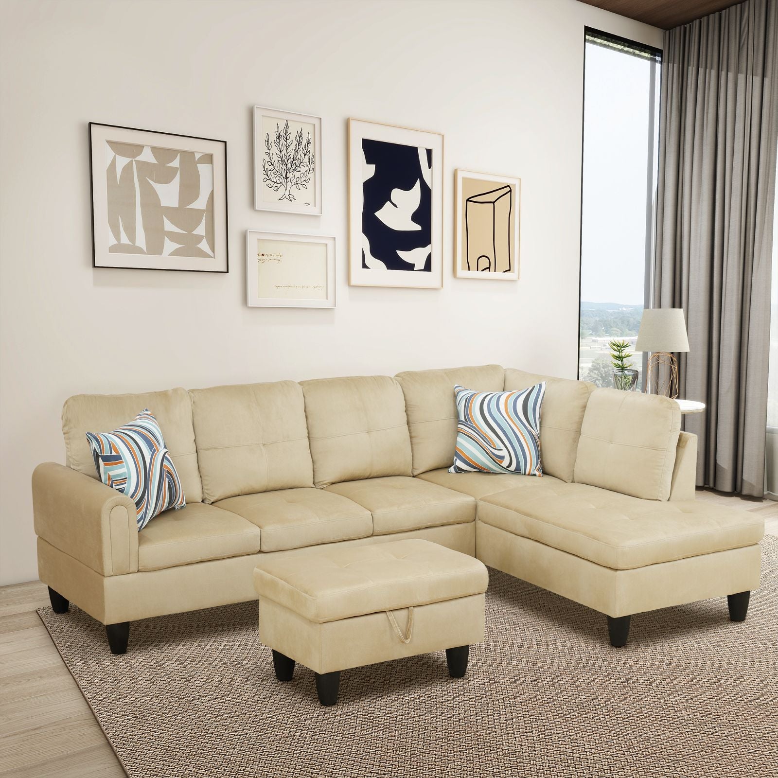 Ainehome L-förmiges Sofa-Set aus beigefarbenem Flanell für das Wohnzimmer