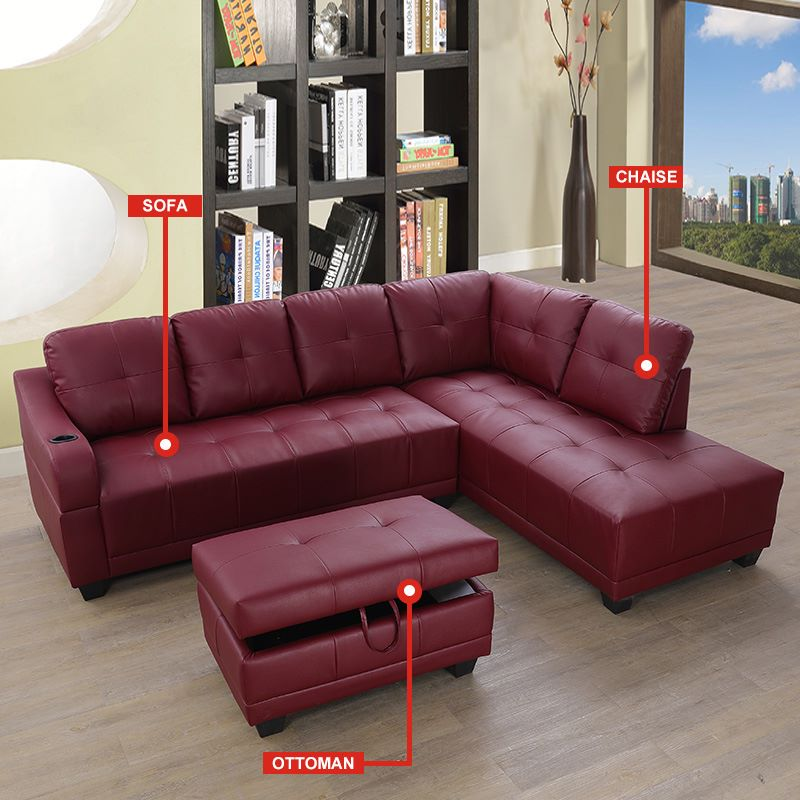 3-teiliges L-förmiges Sofa-Set aus Kunstleder in Rot 