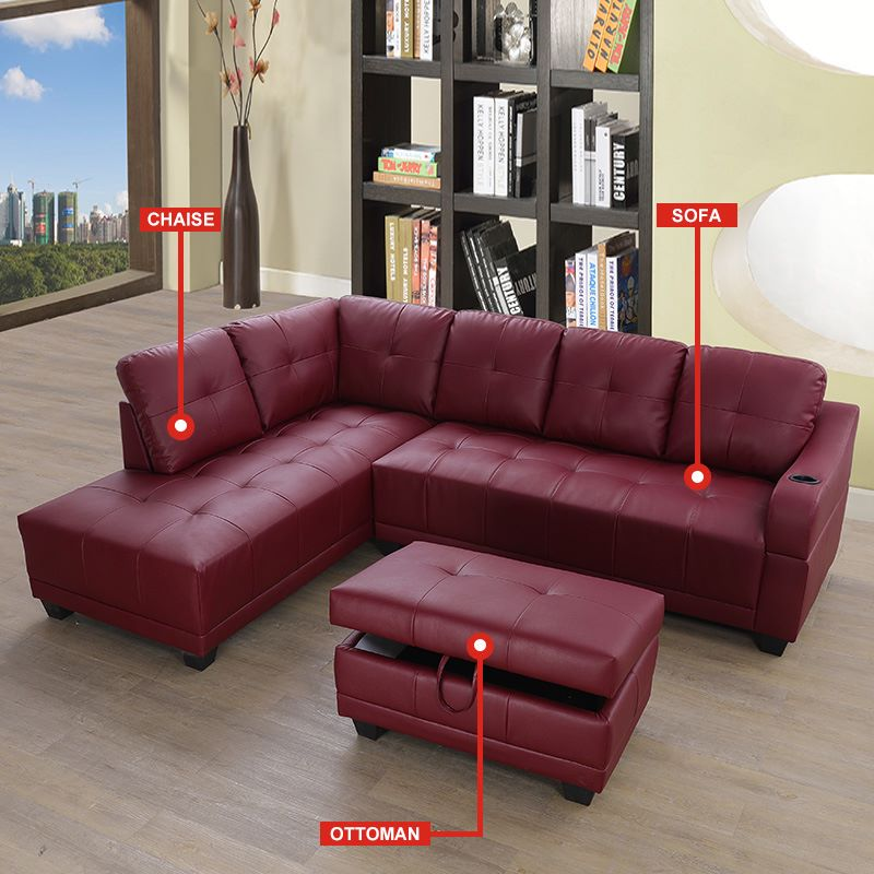 Conjunto de sofá seccional en forma de L de 3 piezas de cuero sintético rojo para sala de estar 