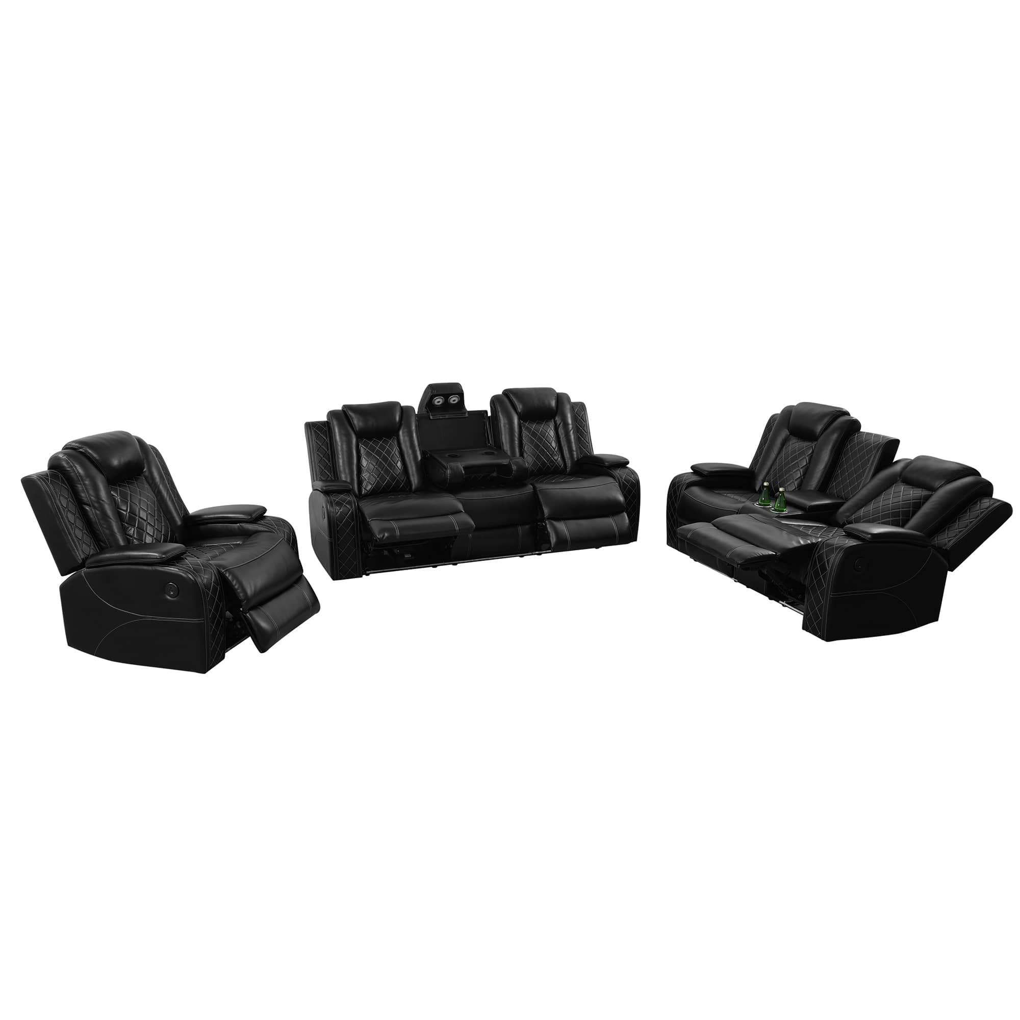Ainehome Black Breathing Leather 3-Piece Living Room Recliner Sofa Set