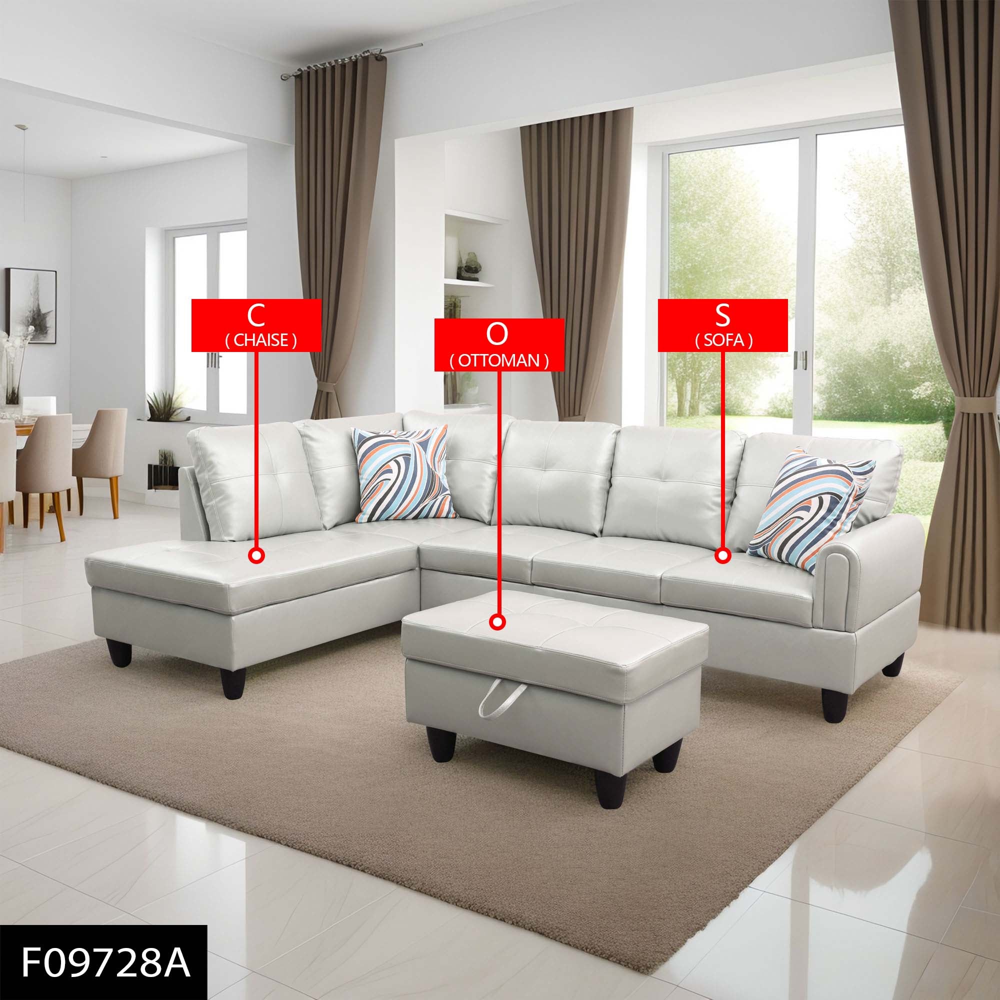 Conjunto de sofá seccional en forma de L de cuero sintético verde plateado de Ainehome para sala de estar