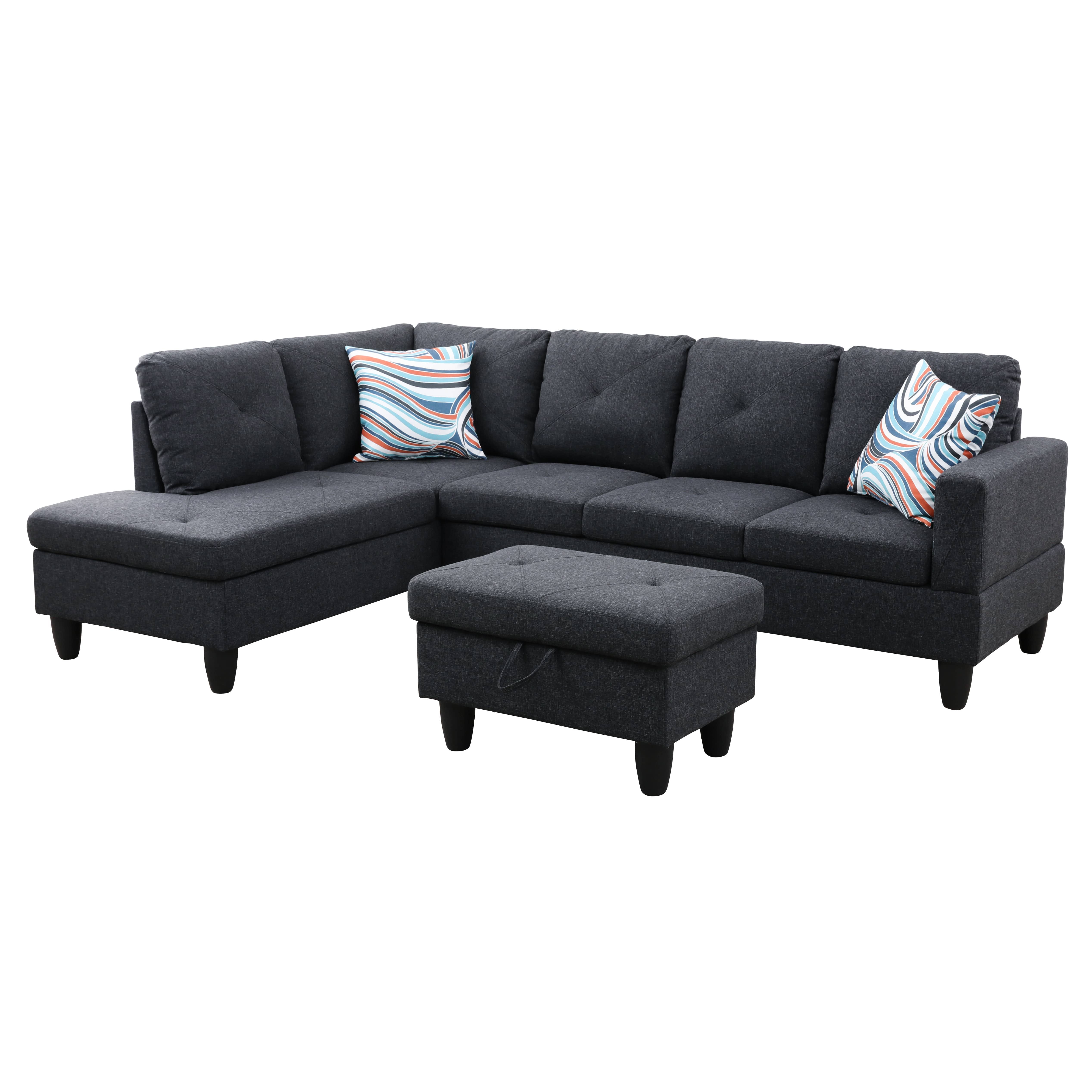Ainehome Black Grey Linen L-Shaped Living Room Sectional Sofa Set