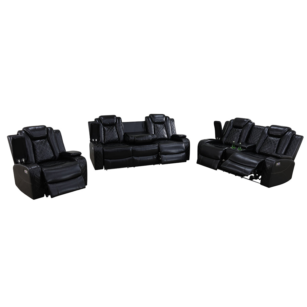Ainehome Manual Black Leather Recliner Sofa Set