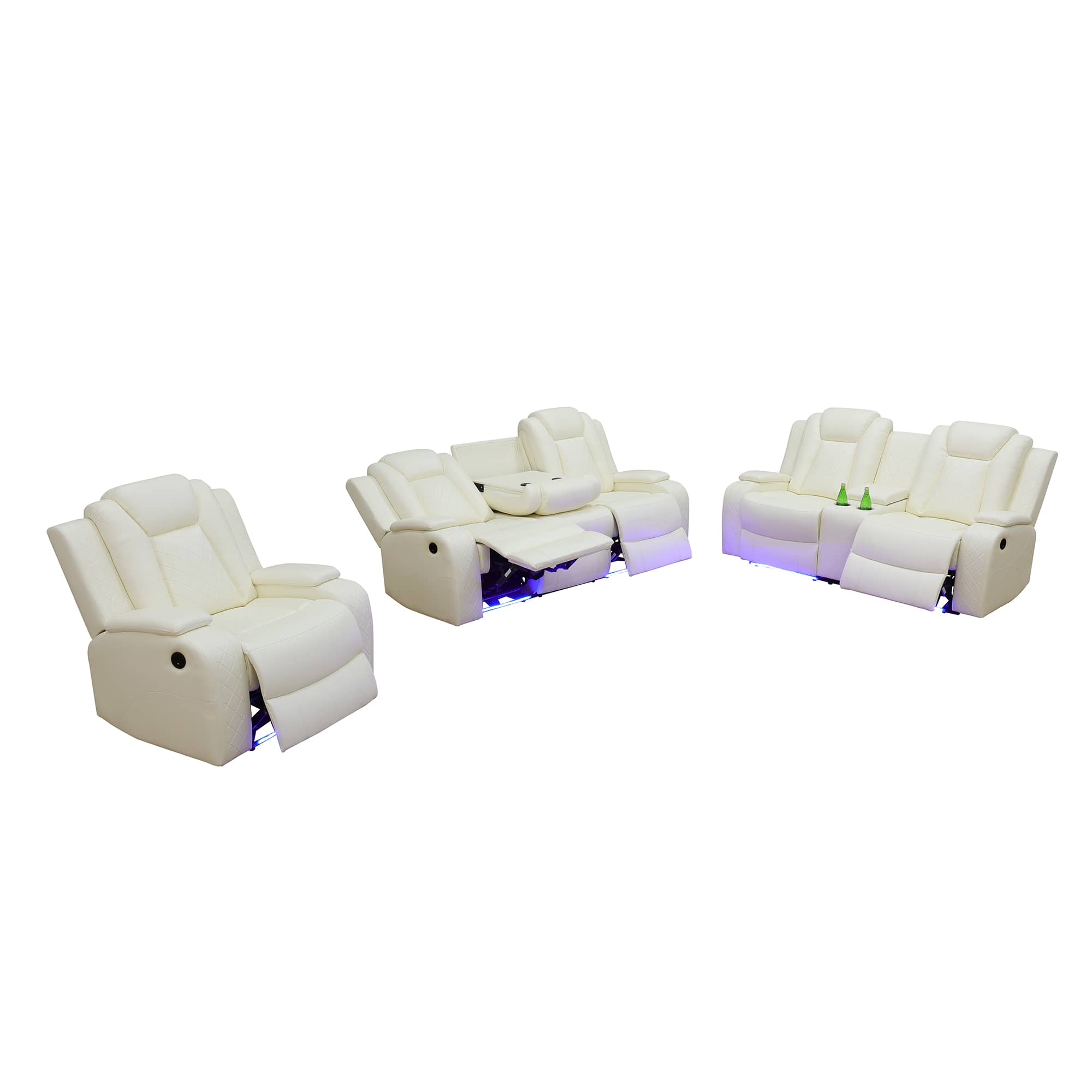 White Breathing Leather 3-Piece Living Room Recliner Sofa Set