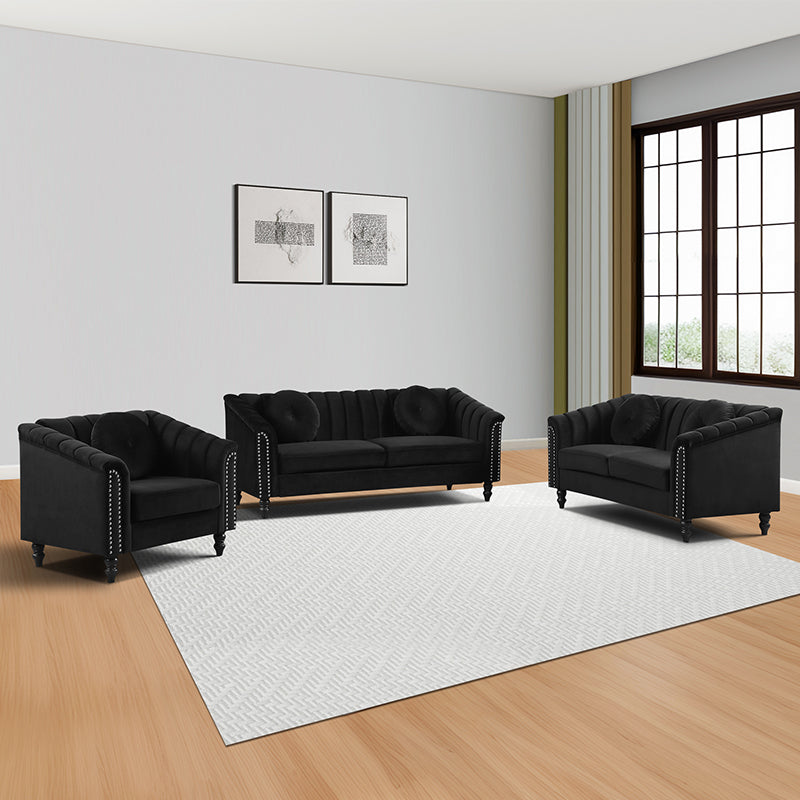 Black Microfiber 3-Piece Couch Living Room Sofa Set