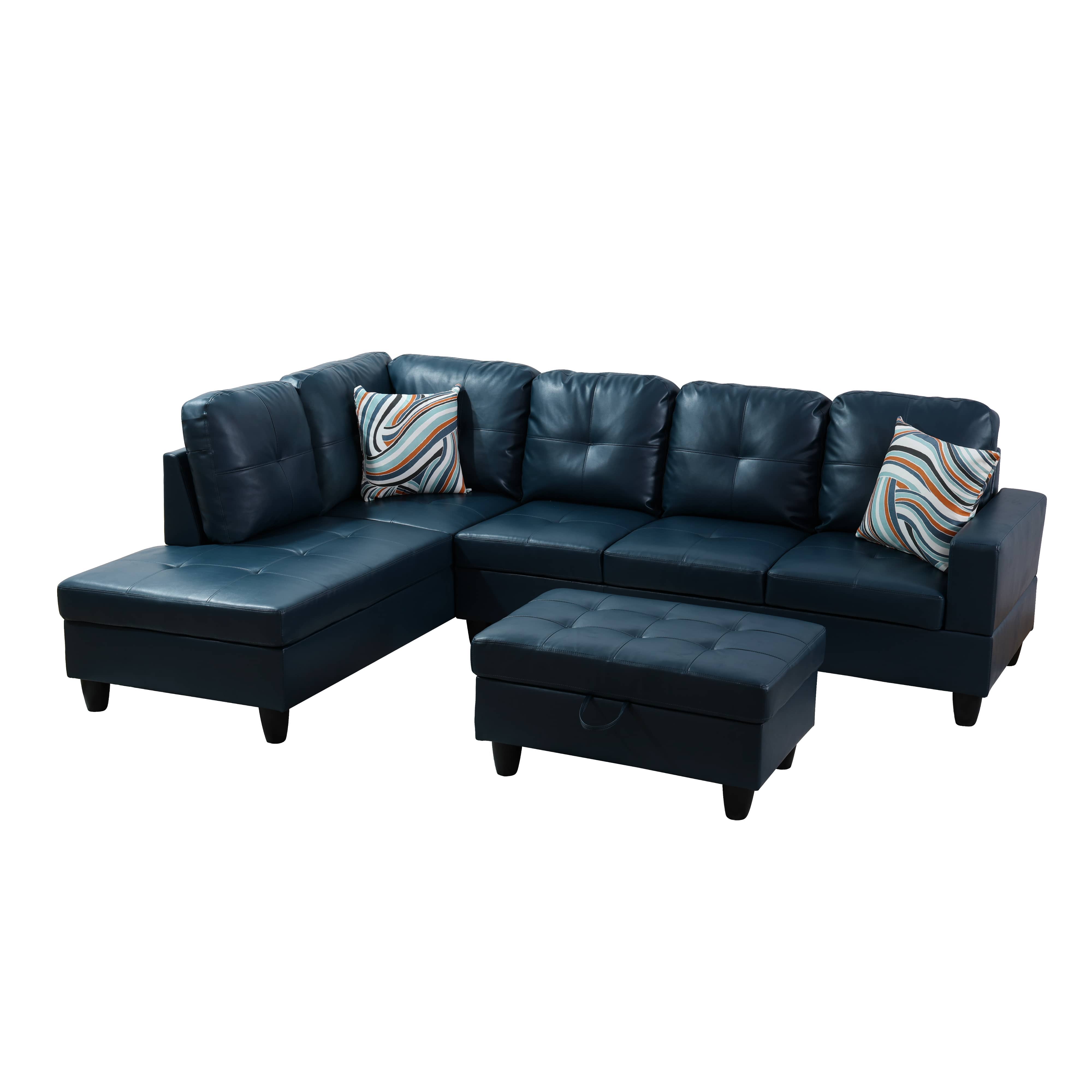 Ainehome Peacock Blue Synthetic Leather L-Shaped Living Room Sectional Sofa Set