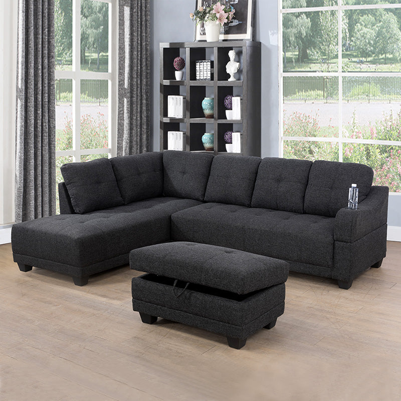 Ainehome Black Grey Linen Leather 3-Piece Couch Living Room Sofa Set