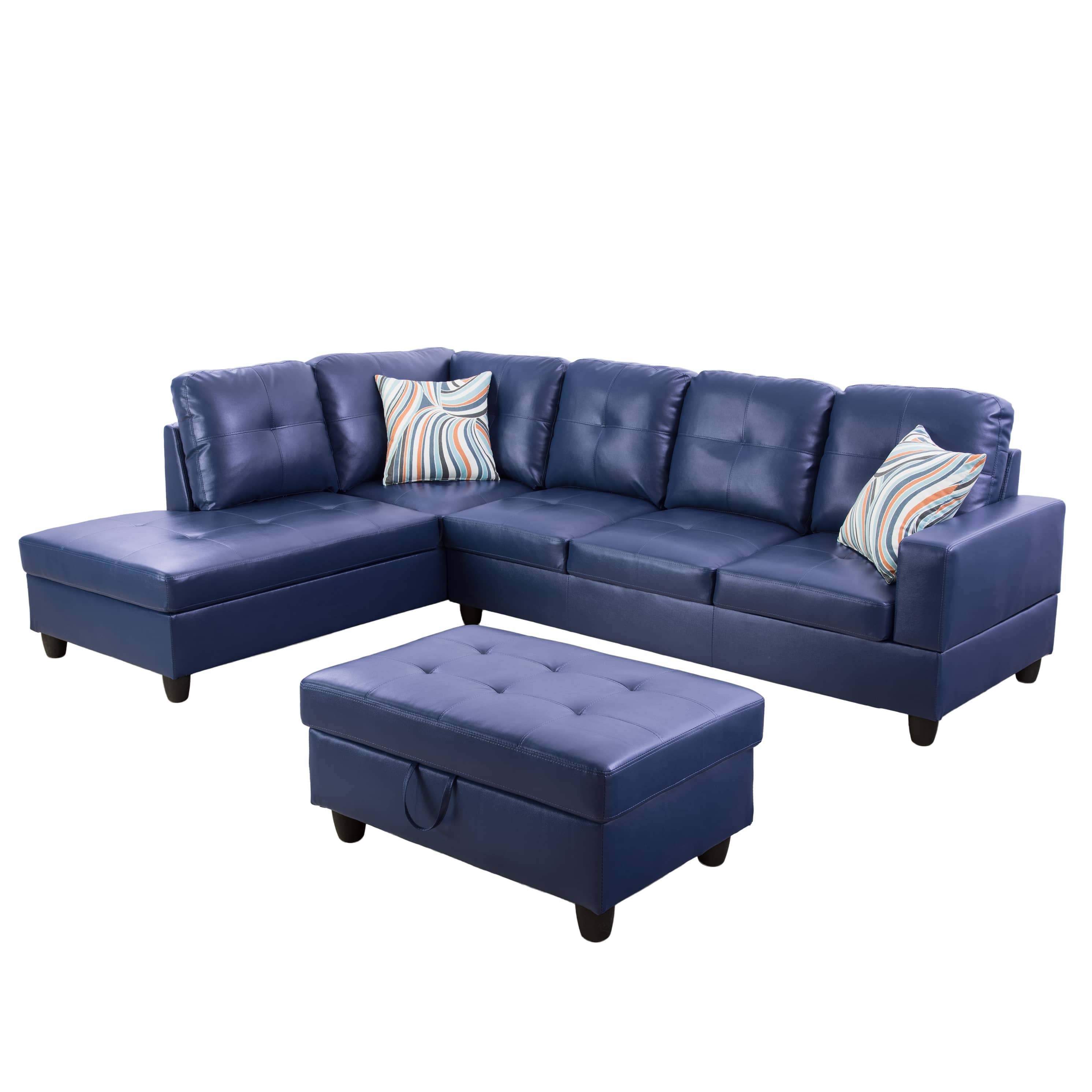 Ainehome Blue Synthetic Leather L-Shaped Living Room Sectional Sofa Set