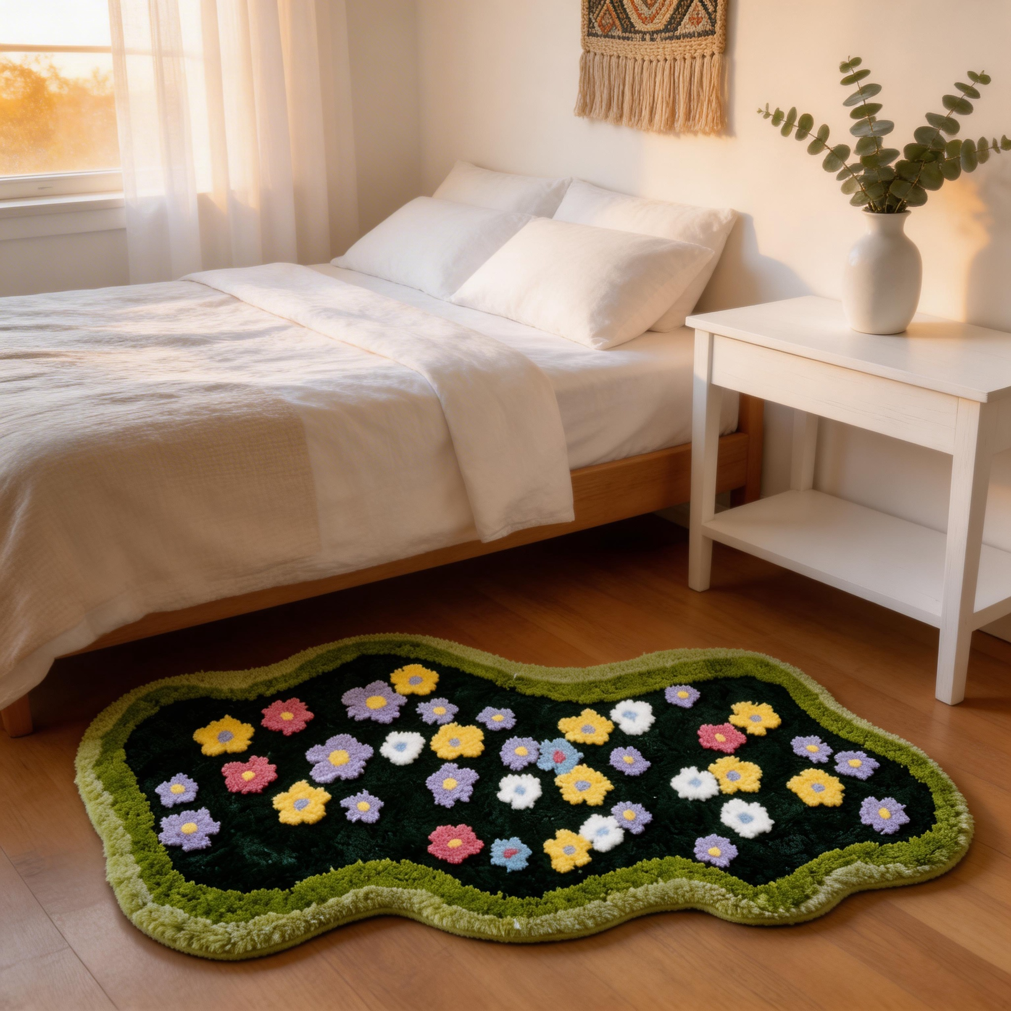Green moss and fresh floral flocked rug for living room, coffee table, bedroom, bedside rug, thickened non-slip floor mat/foot mat.