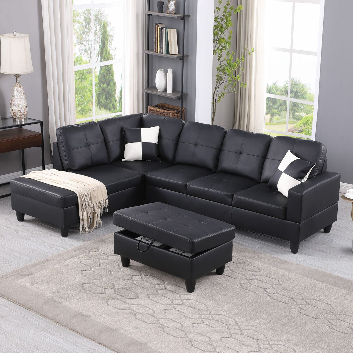 Black Faux Leather 3-Piece Sofa Living Room Sofa Set