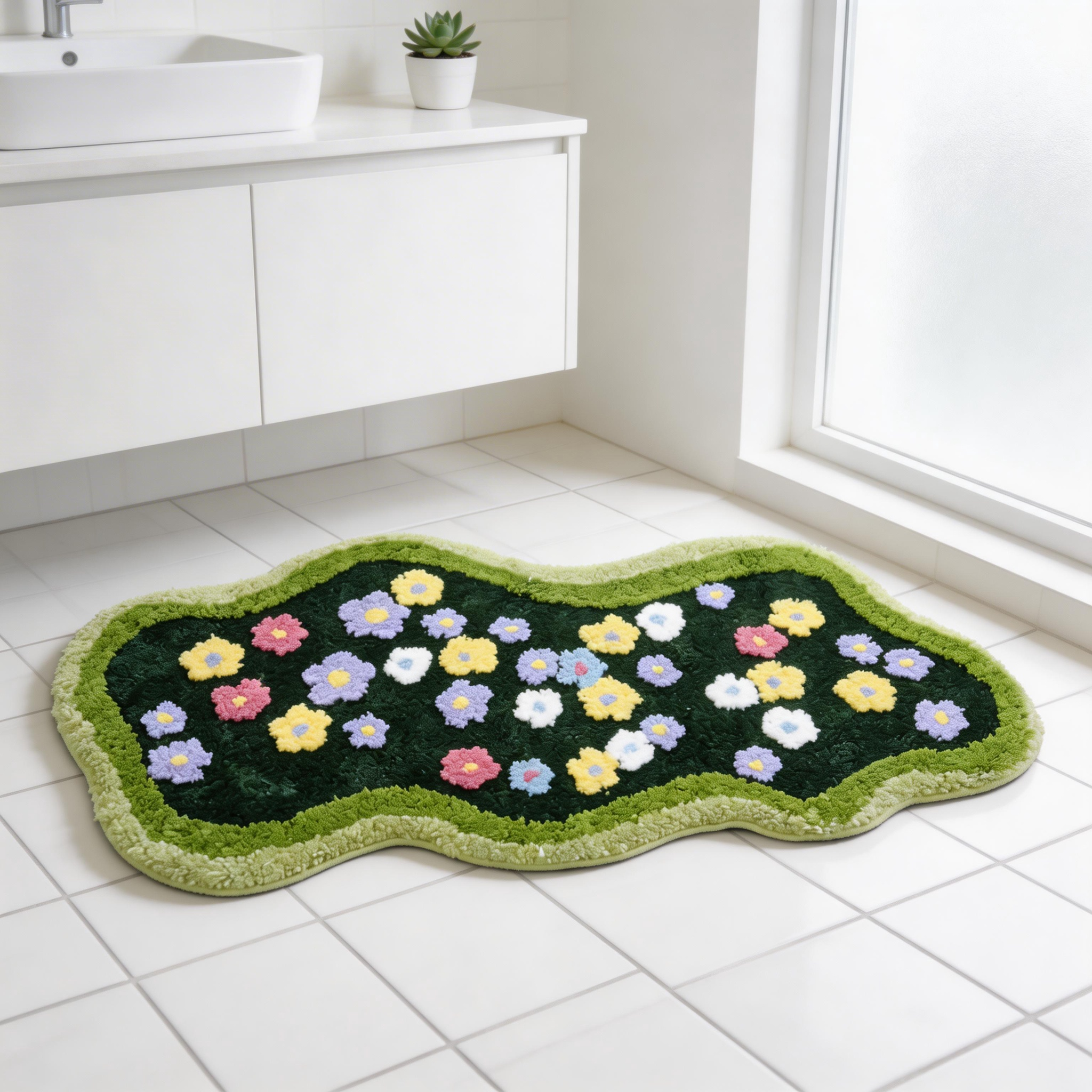 Green moss and fresh floral flocked rug for living room, coffee table, bedroom, bedside rug, thickened non-slip floor mat/foot mat.