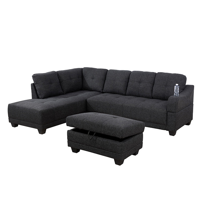 Ainehome Black Grey Linen Leather 3-Piece Couch Living Room Sofa Set