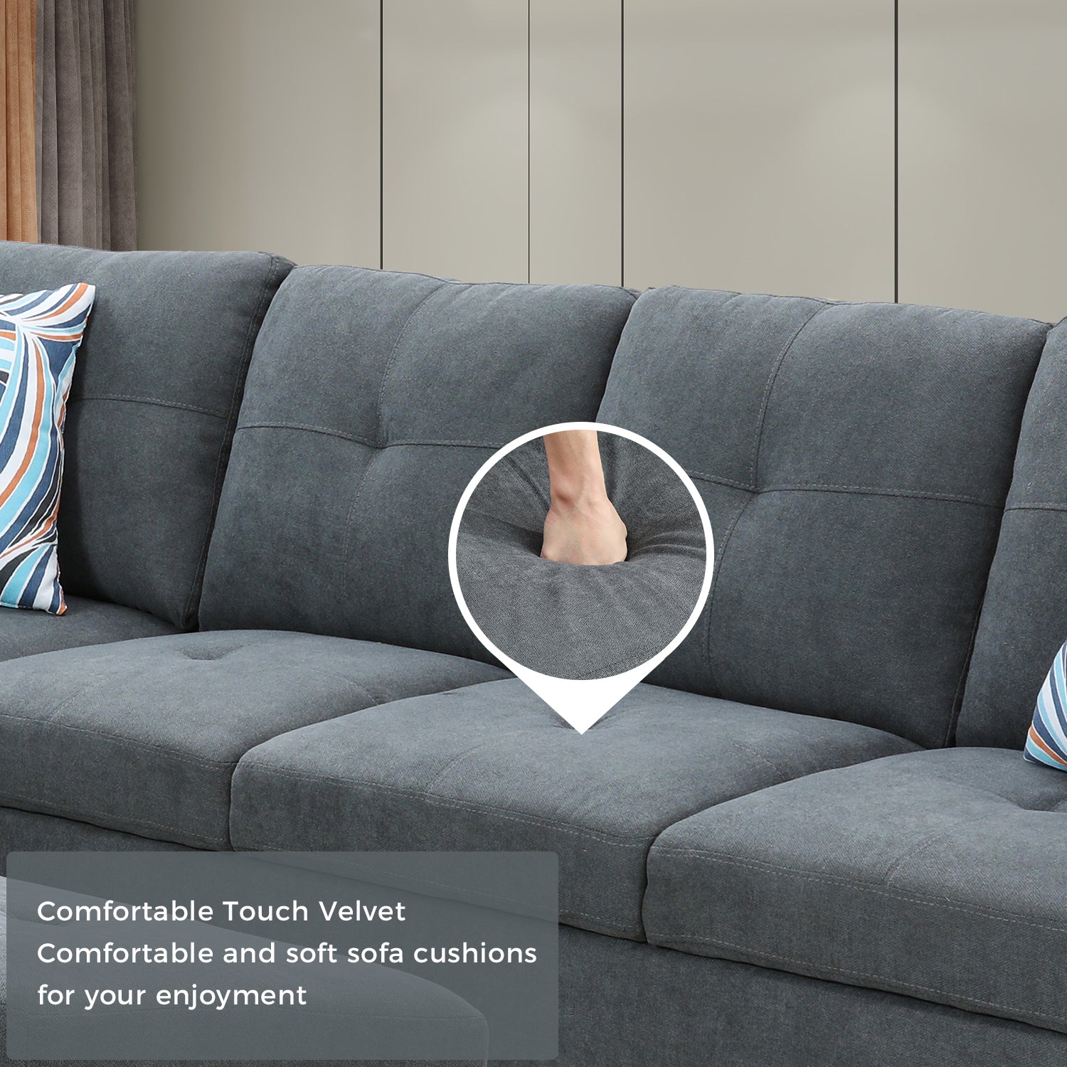 Ainehome Dark Grey Flannel L-Shaped Living Room Sectional Sofa Set
