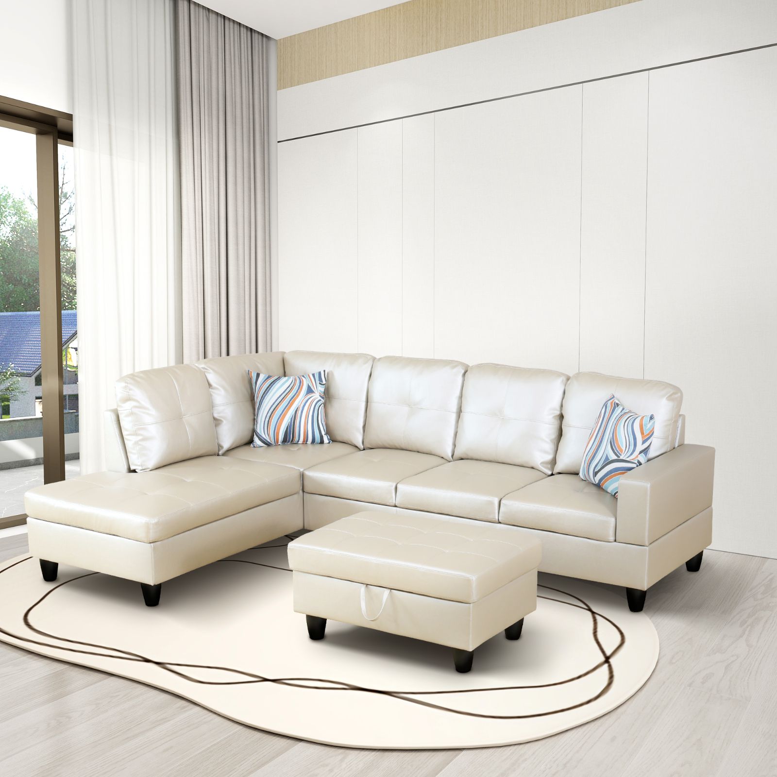 Ainehome Light Grey Synthetic Leather L-Shaped Living Room Sectional Sofa Set
