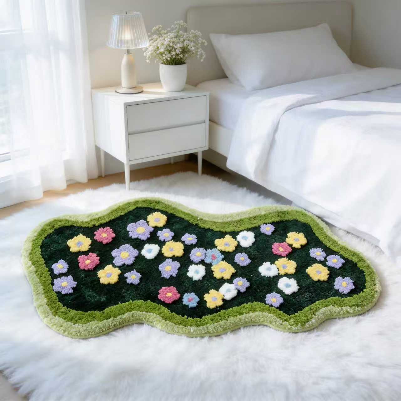 Green moss and fresh floral flocked rug for living room, coffee table, bedroom, bedside rug, thickened non-slip floor mat/foot mat.
