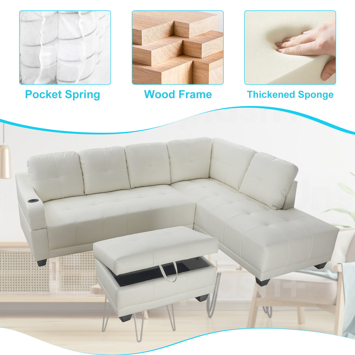 White Synthetic Leather 3-Piece L-Shaped Sectional Sofa Set - product image