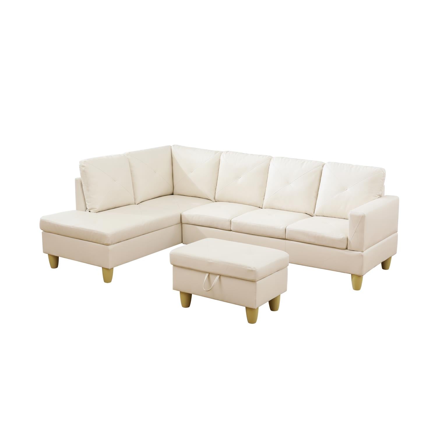 Ainehome White Faux Leather L-Shaped Living Room Sectional Sofa Set