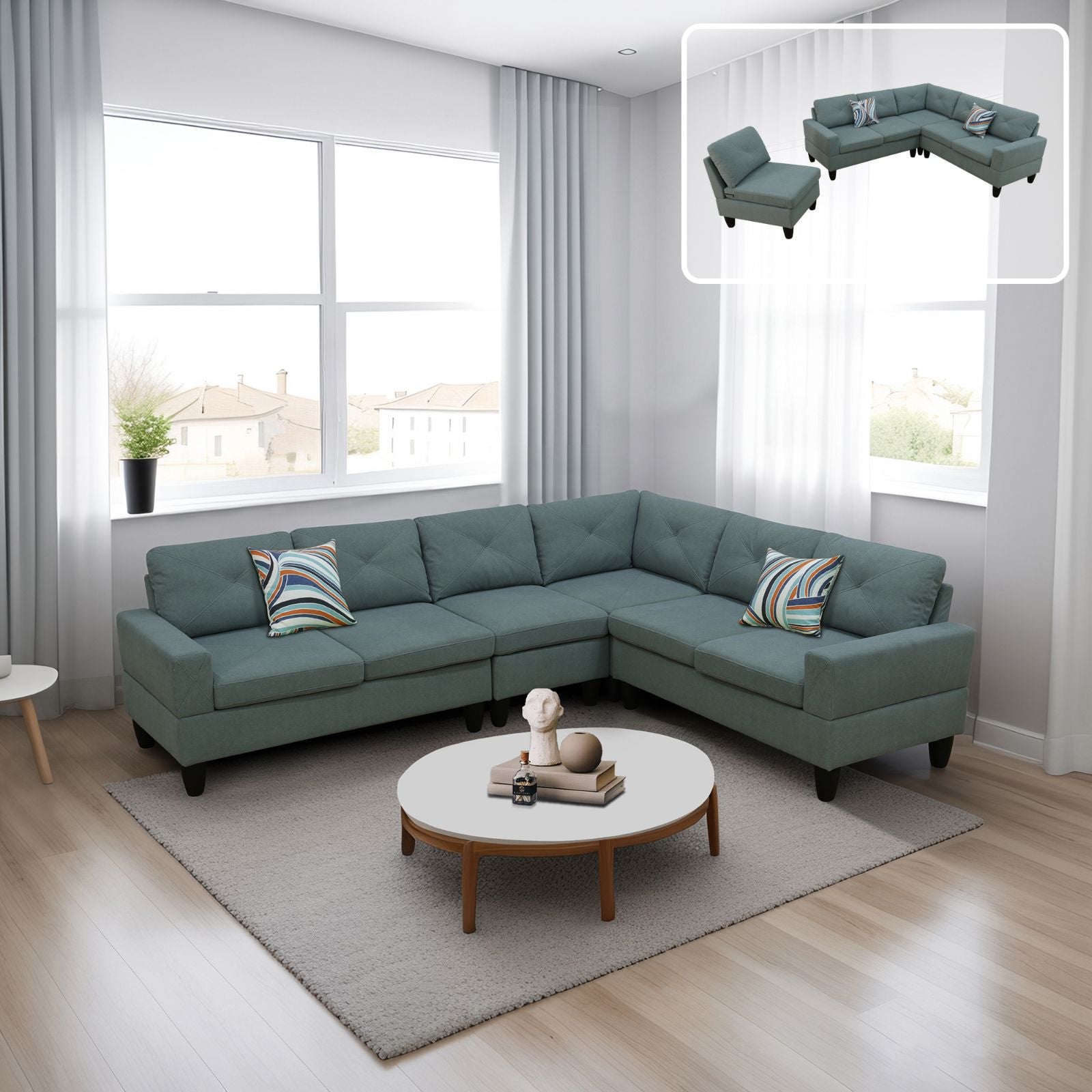 Ainehome Dendrobium Green Calico 4-Piece Living Room Sofa Set