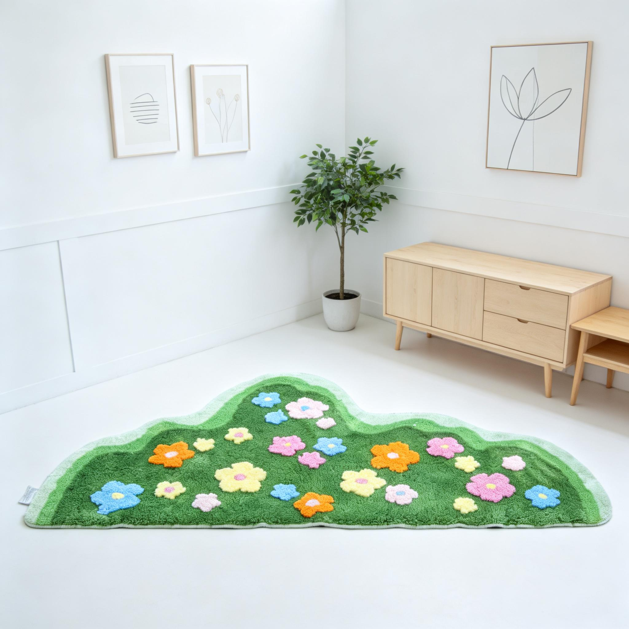 Green moss and fresh floral flocked rug for living room, coffee table, bedroom, bedside rug, thickened non-slip floor mat/foot mat.