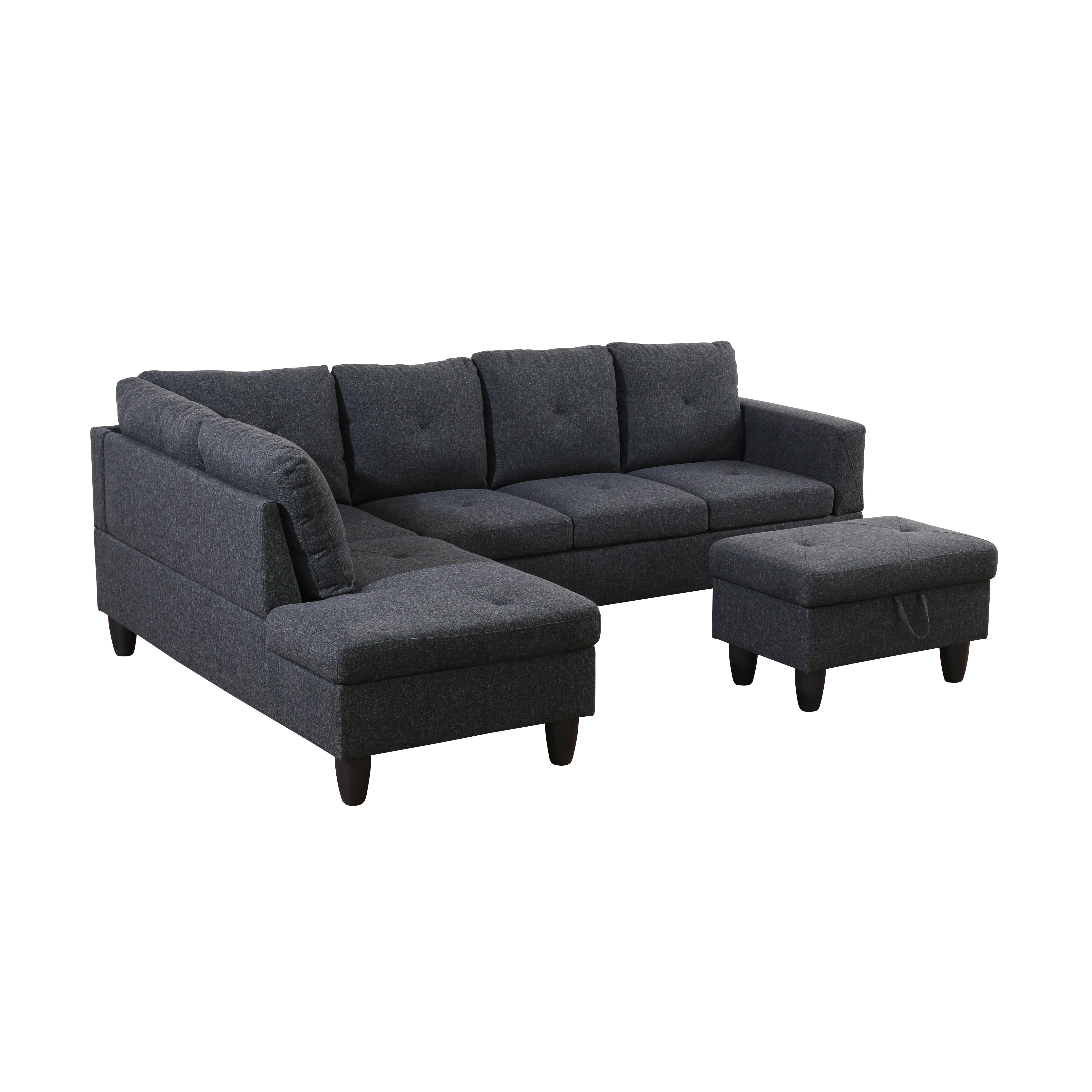 Ainehome Black Grey Linen L-Shaped Living Room Sectional Sofa Set
