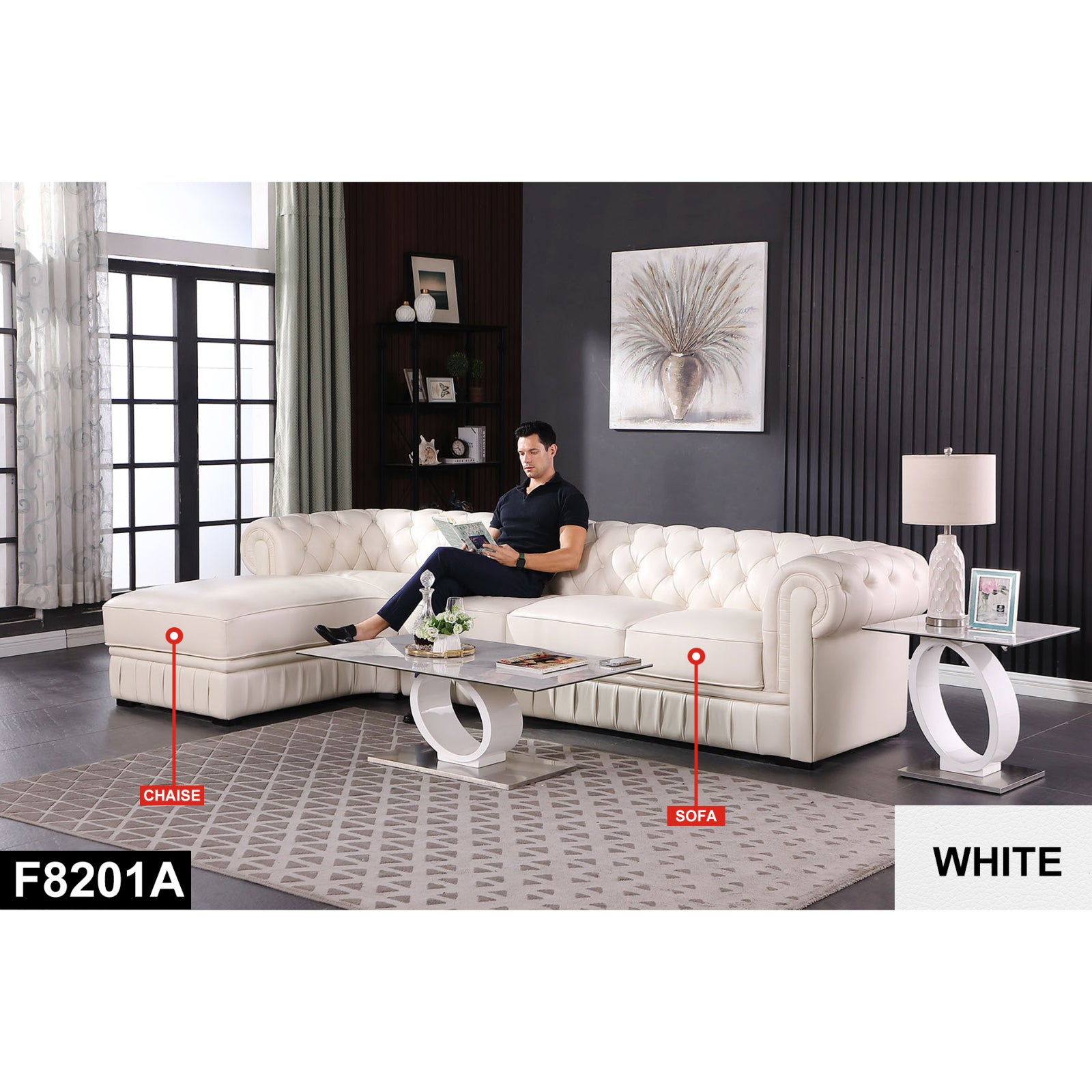 Ainehome White Cow Top Leather 2-Piece Living Room Sofa Set