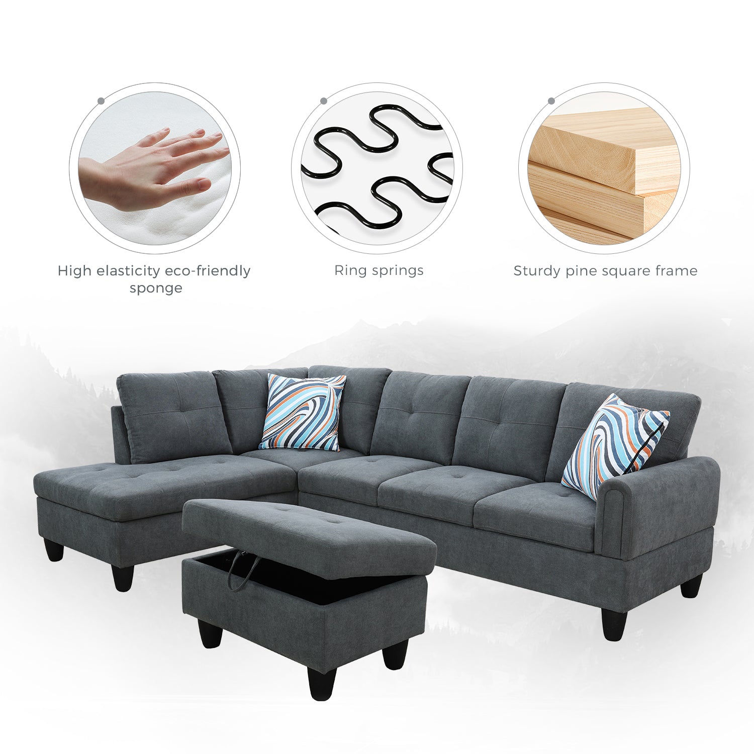 Ainehome Dark Grey Flannel L-Shaped Living Room Sectional Sofa Set