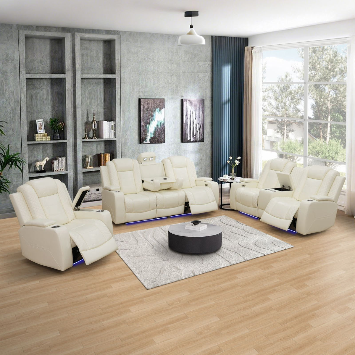 VIP White Breathing Leather 3-Piece Living Room Recliner Sofa set