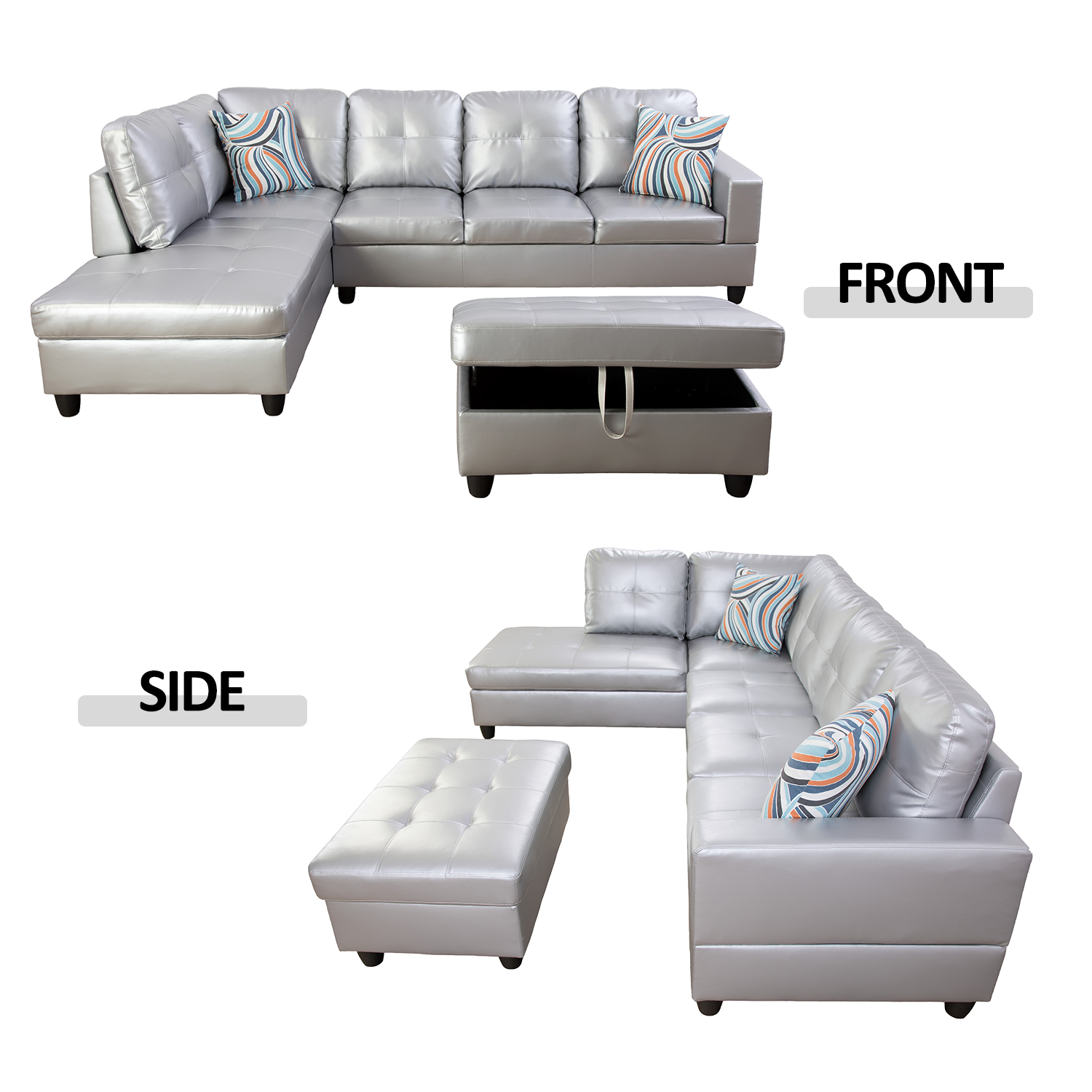 Conjunto de sofás de salón en forma de L de piel sintética semi sintética color blanco plateado de Ainehome