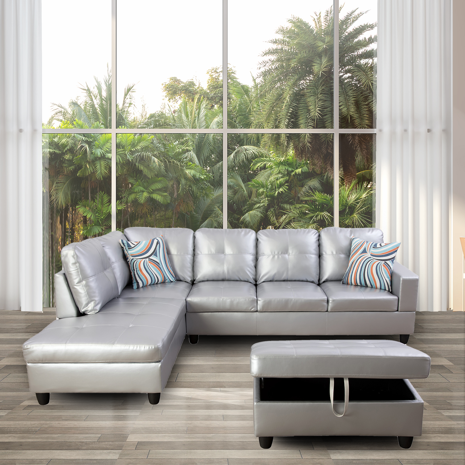 Ainehome Silver White Semi PU Synthetic Leather L-Shaped Living Room Sofa Set