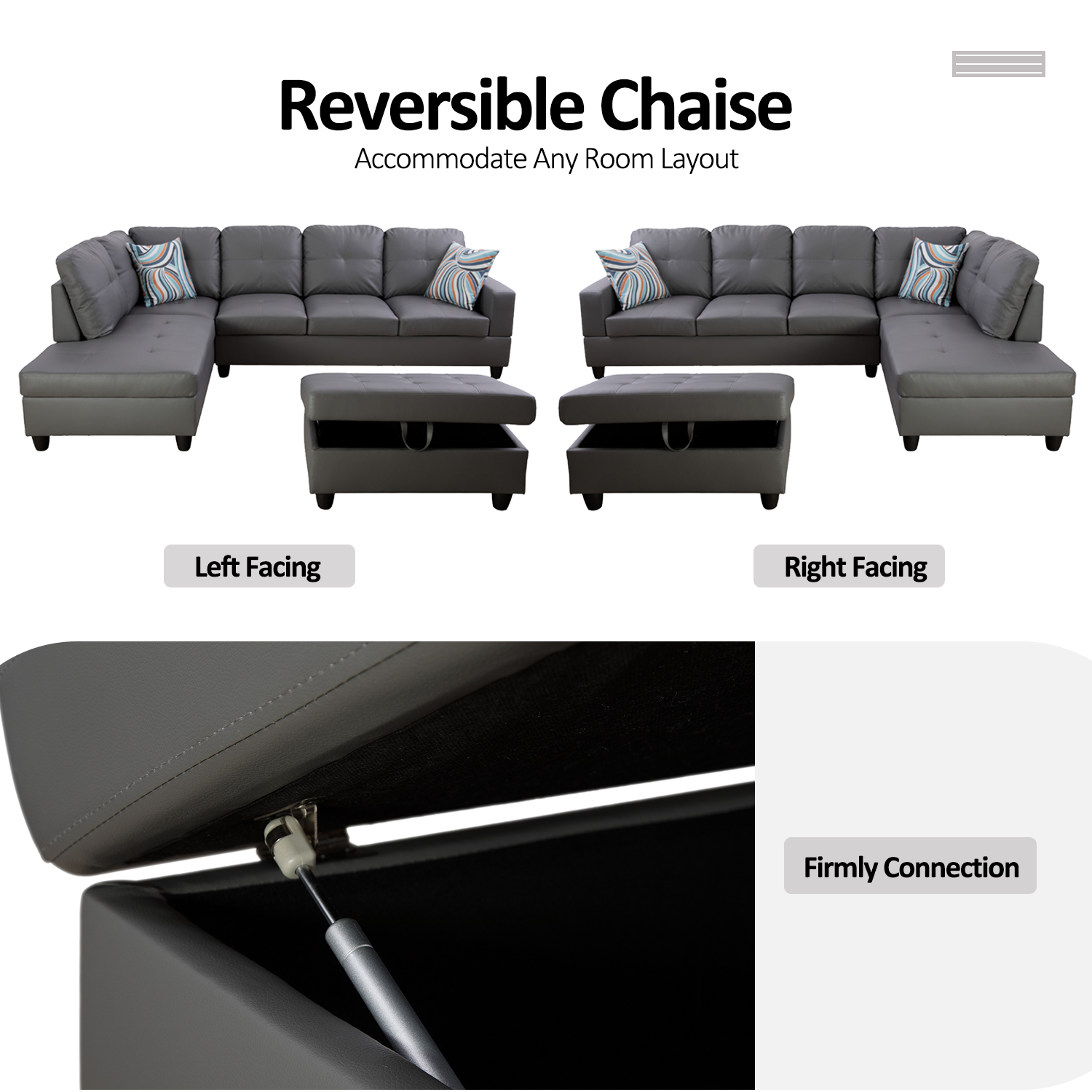 Ainehome Dark Grey Synthetic L-Shaped Living Room Sectional Sofa Set