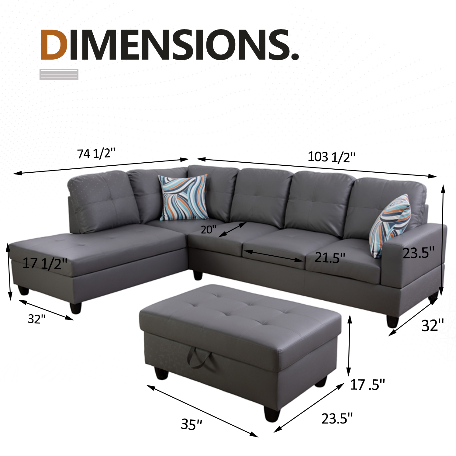 Ainehome Dark Grey Synthetic L-Shaped Living Room Sectional Sofa Set