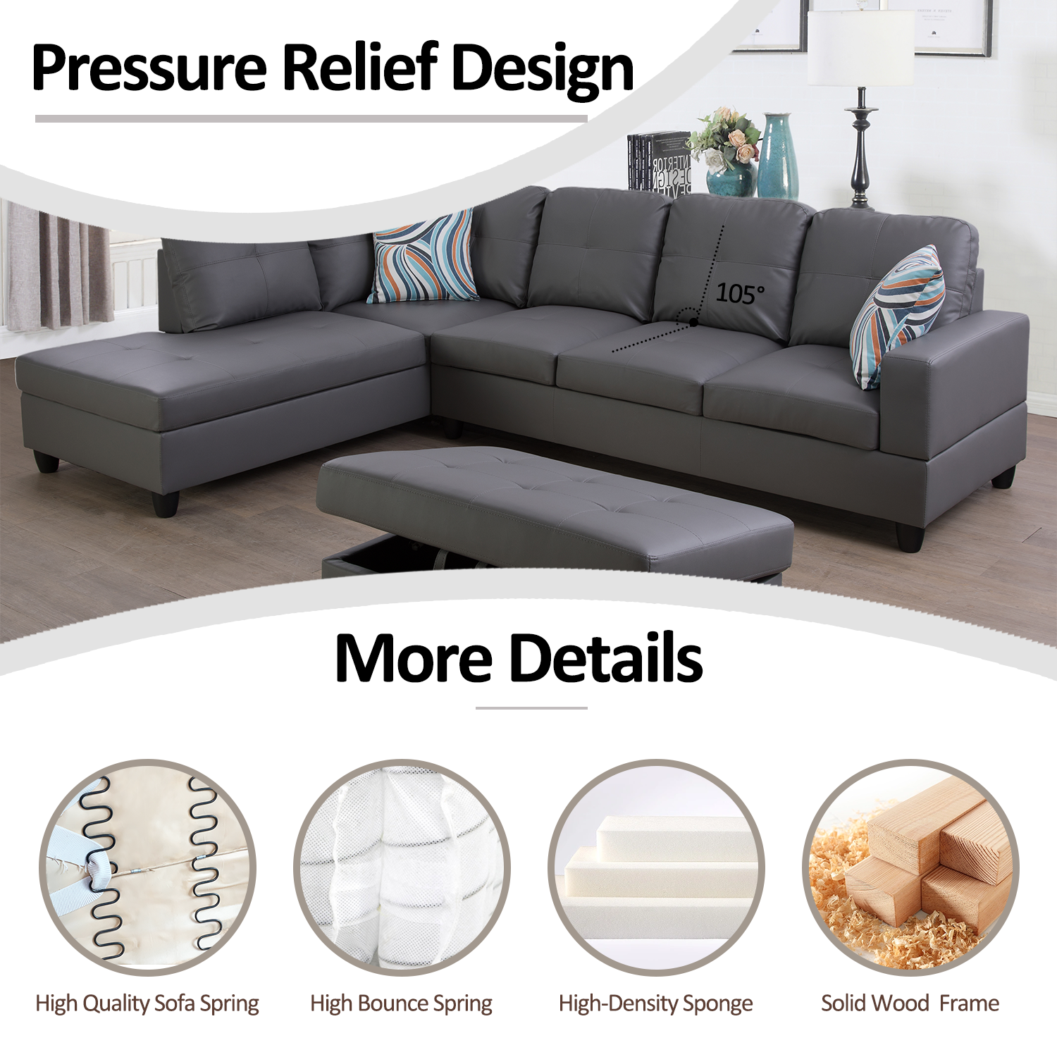 Ainehome Dark Grey Synthetic L-Shaped Living Room Sectional Sofa Set