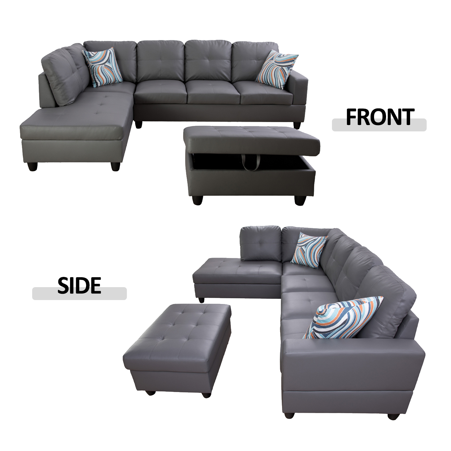 Ainehome Dark Grey Synthetic L-Shaped Living Room Sectional Sofa Set