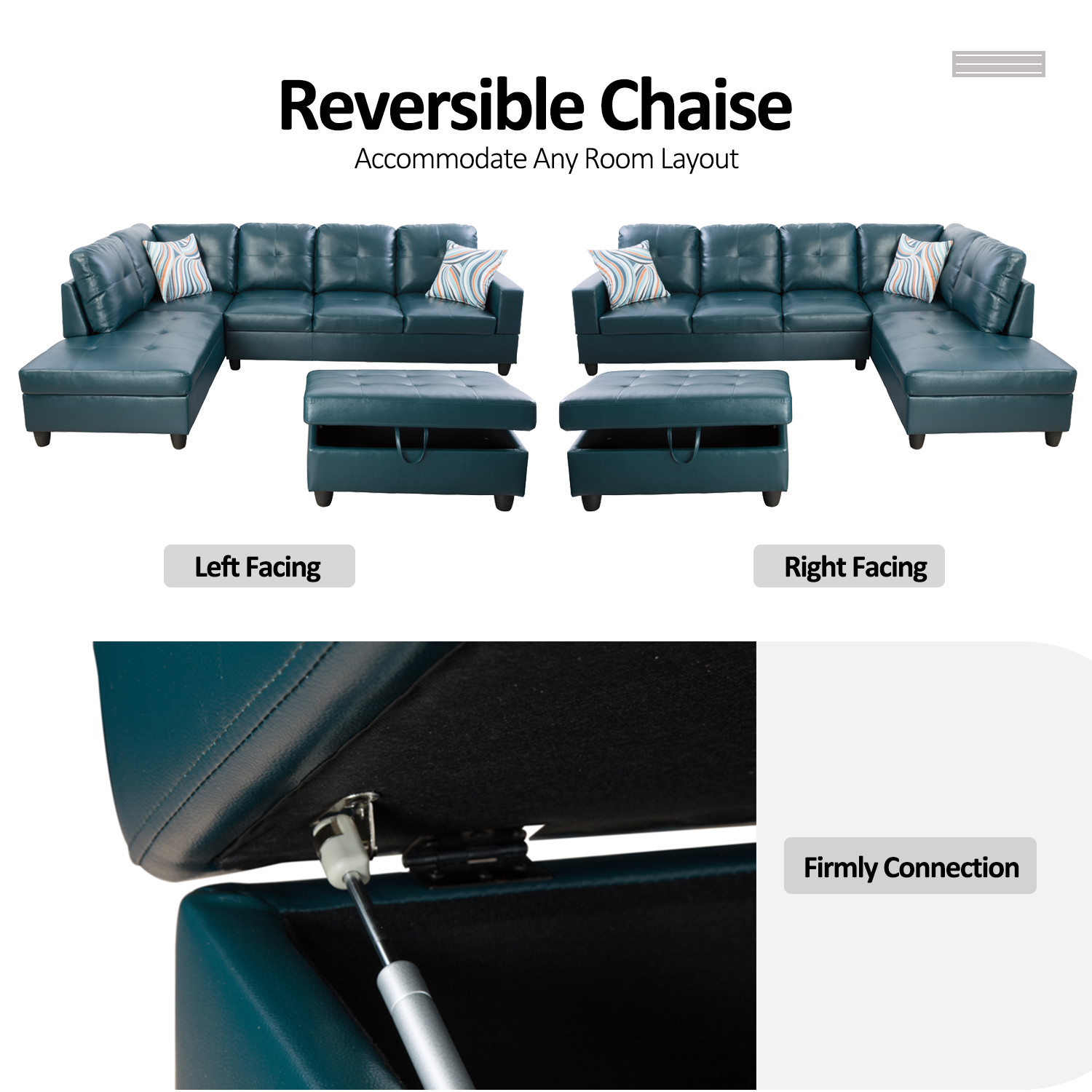 Ainehome Peacock Blue Synthetic Leather L-Shaped Living Room Sectional Sofa Set