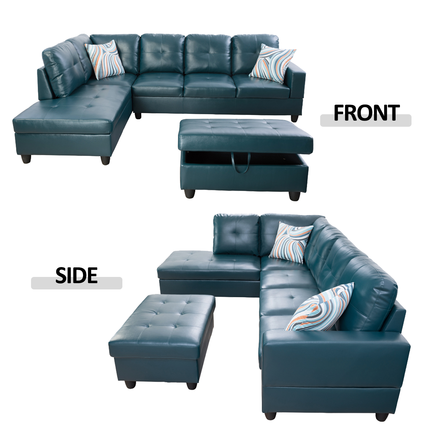 Ainehome Peacock Blue Synthetic Leather L-Shaped Living Room Sectional Sofa Set