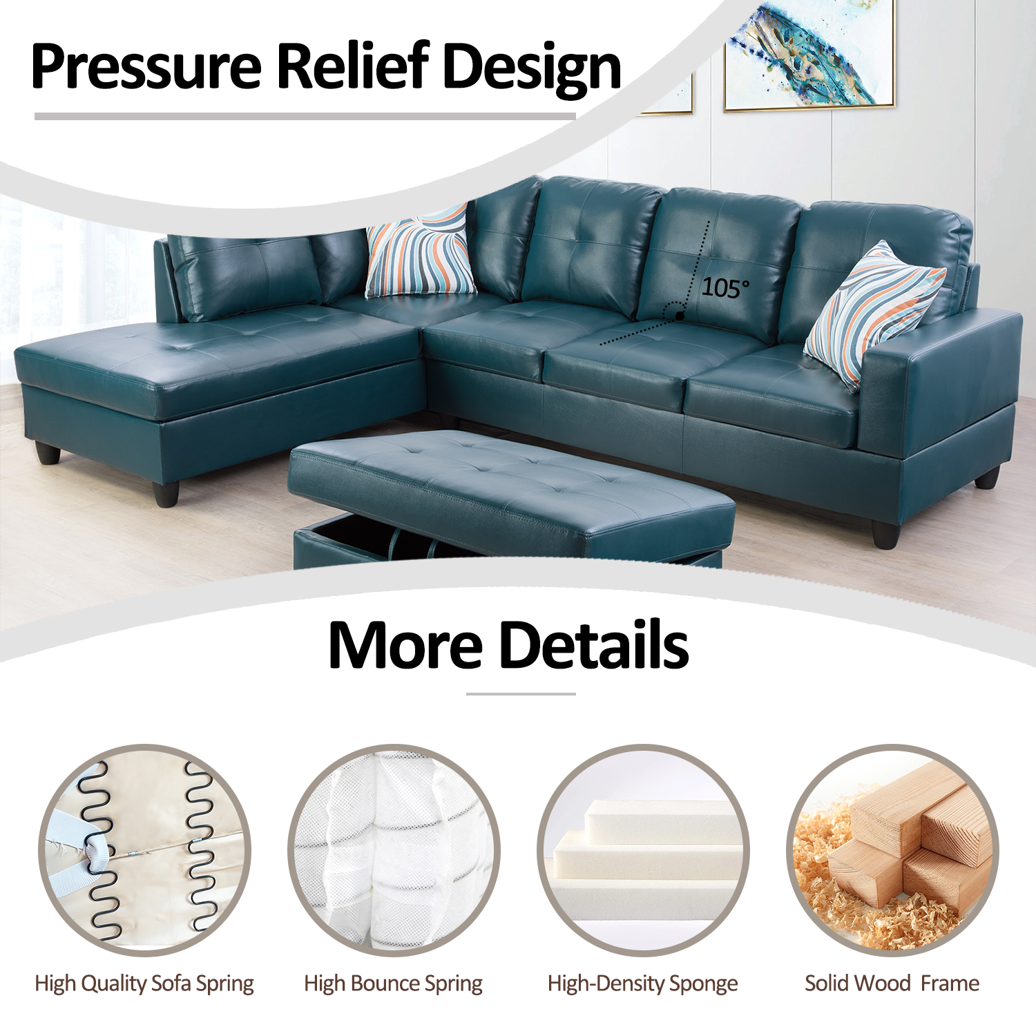 Ainehome Peacock Blue Synthetic Leather L-Shaped Living Room Sectional Sofa Set