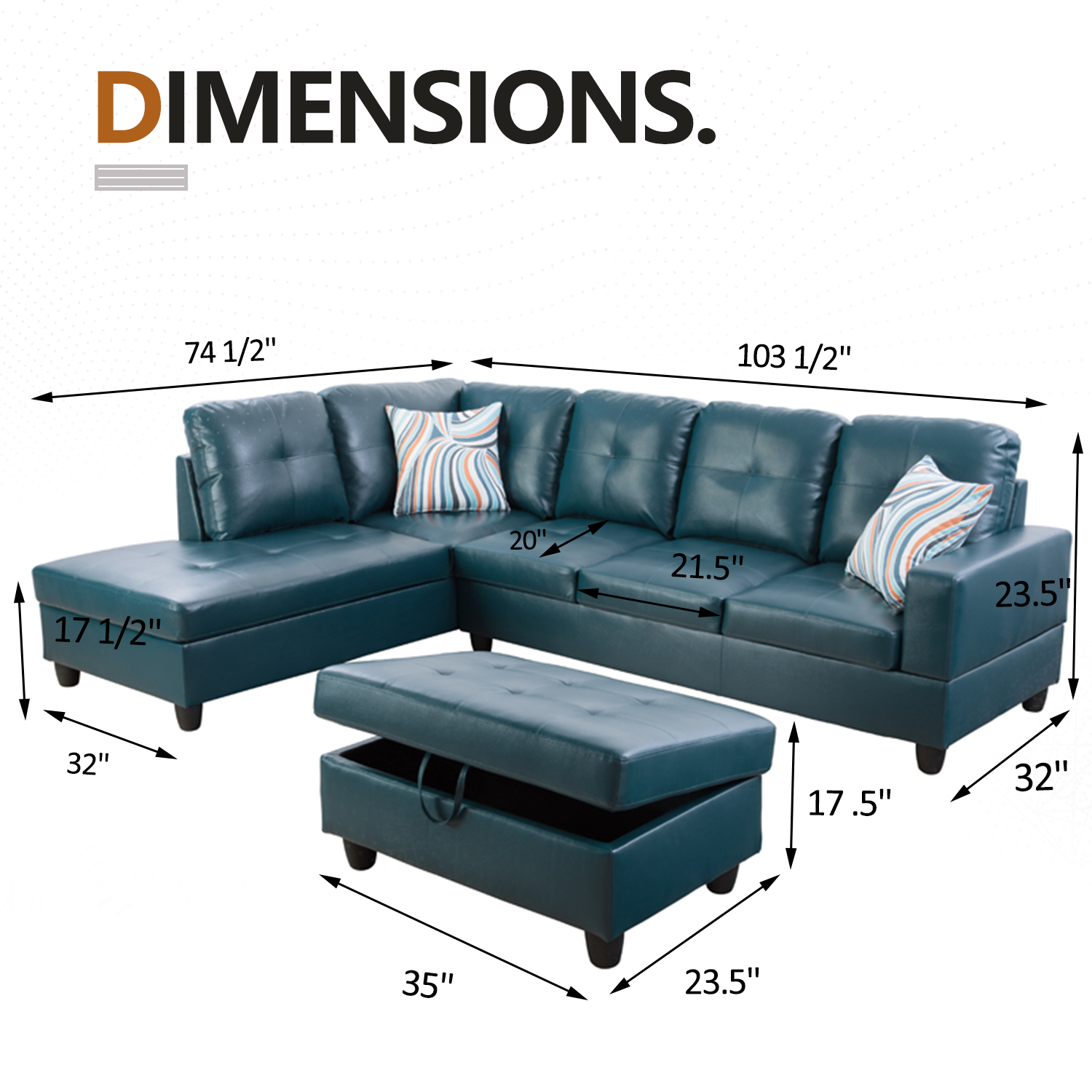 Ainehome Peacock Blue Synthetic Leather L-Shaped Living Room Sectional Sofa Set