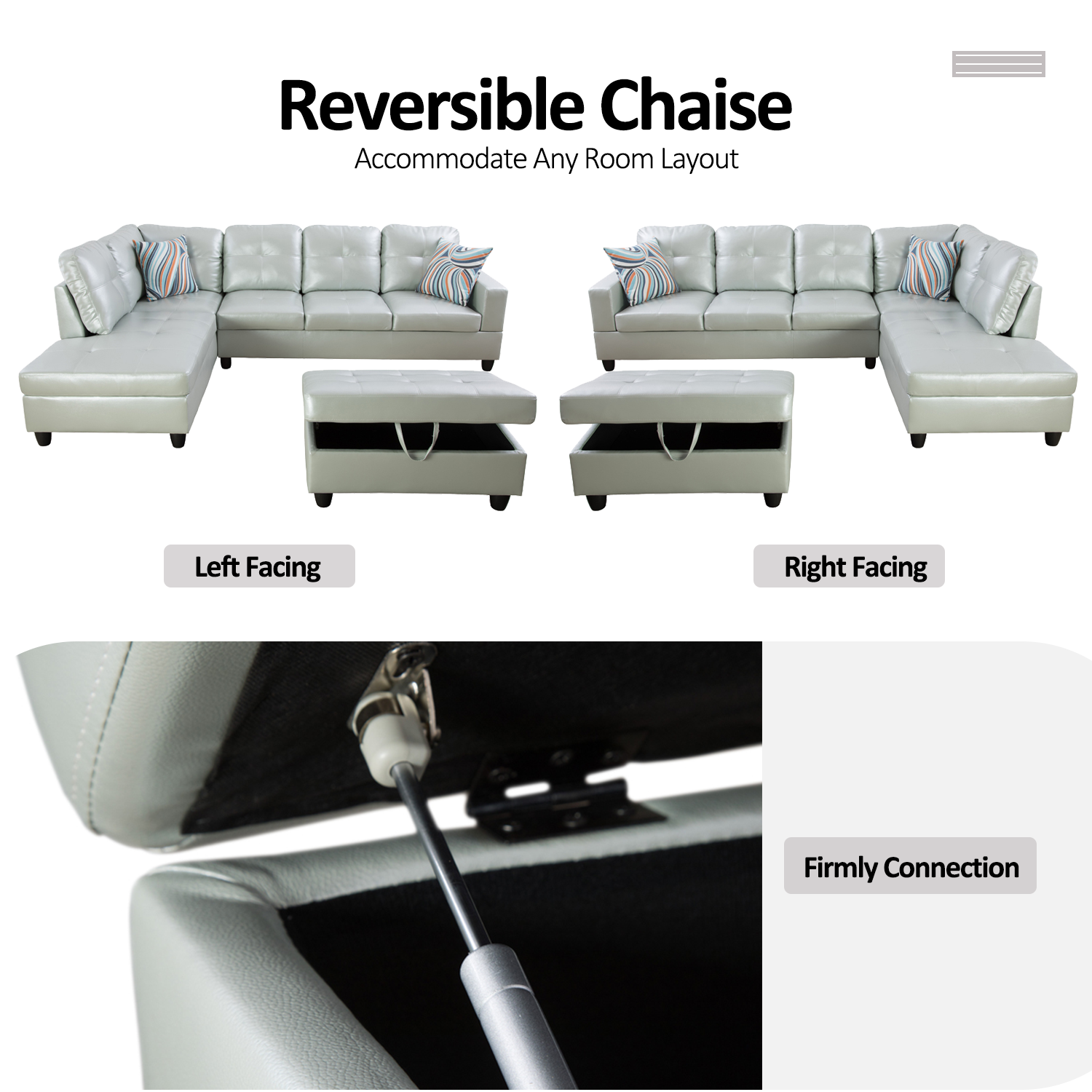 Ainehome Silver Green Semi PU Synthetic Leather L-Shaped Living Room Sofa Set
