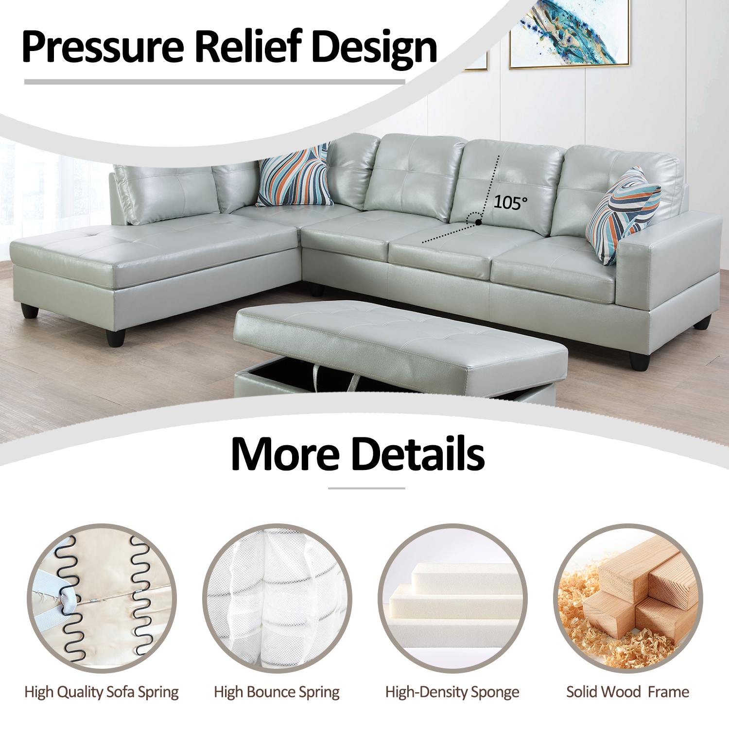 Ainehome Silver Green Semi PU Synthetic Leather L-Shaped Living Room Sofa Set