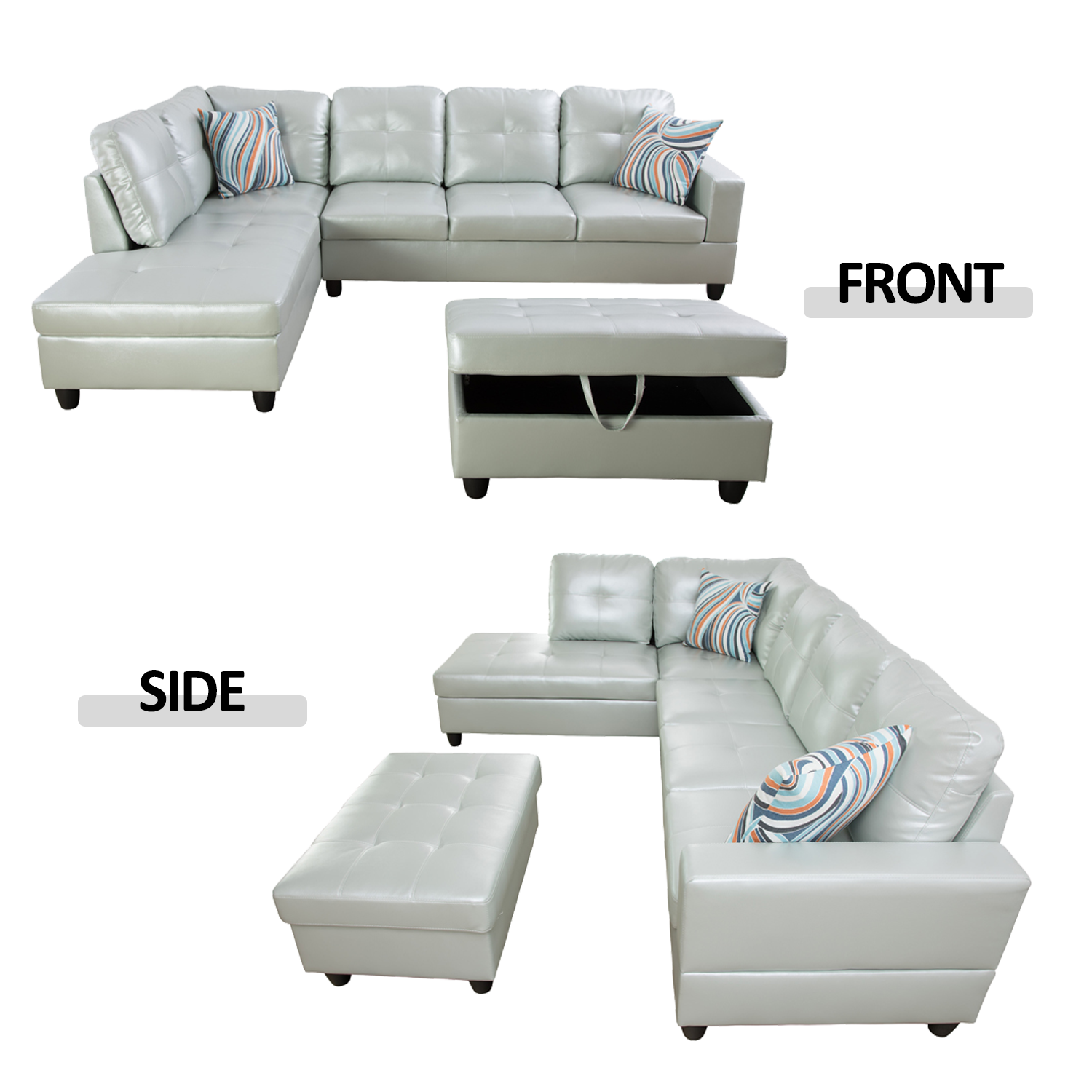 Ainehome Silver Green Semi PU Synthetic Leather L-Shaped Living Room Sofa Set