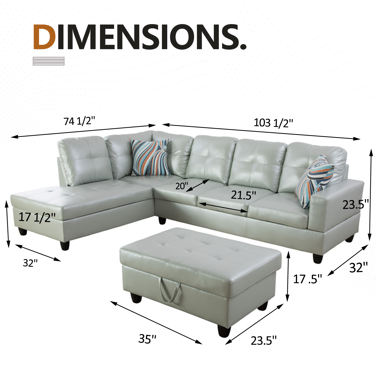 Ainehome Silver Green Semi PU Synthetic Leather L-Shaped Living Room Sofa Set