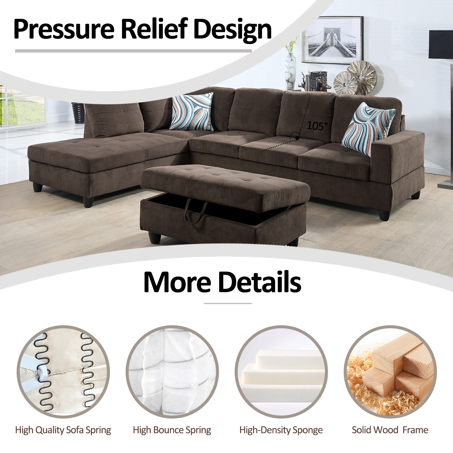 Ainehome L-förmiges Sofa-Set aus Cordstoff, Braun