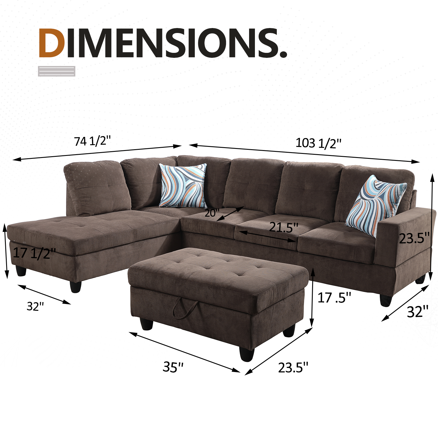 Ainehome L-förmiges Sofa-Set aus Cordstoff, Braun