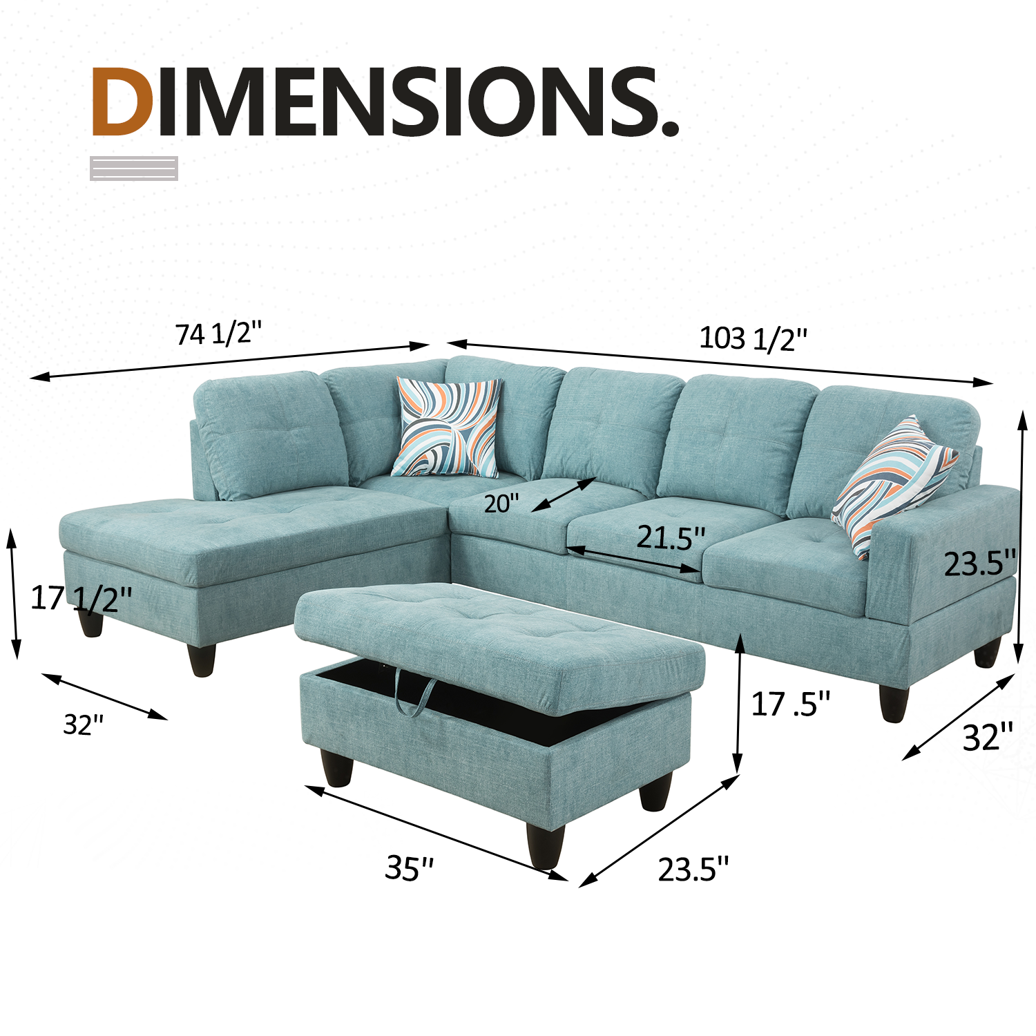 Ainehome Seafoam Green L-Shape Flannelette Fabric Combination Sofa Set